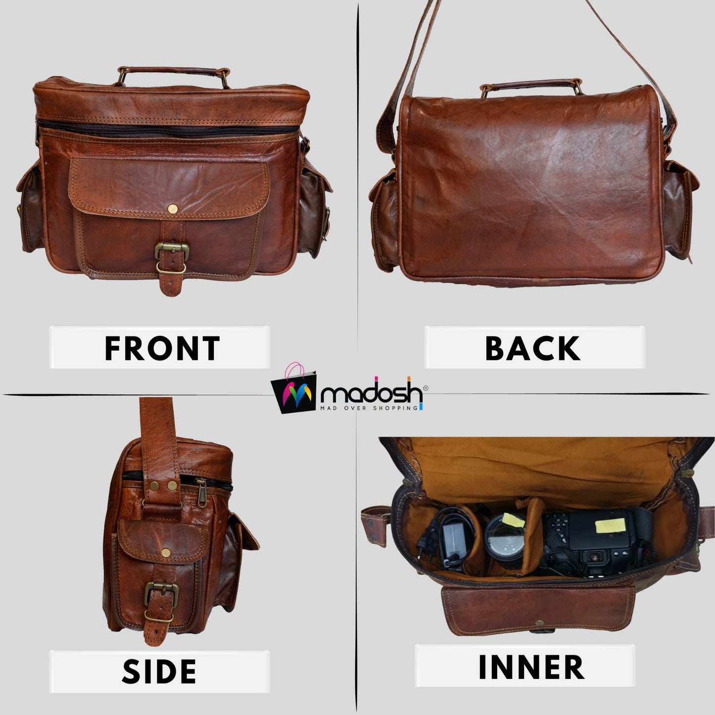Men's Vintage Camera Messenger Bag Leather Travel Shoulder Bag for Photographer