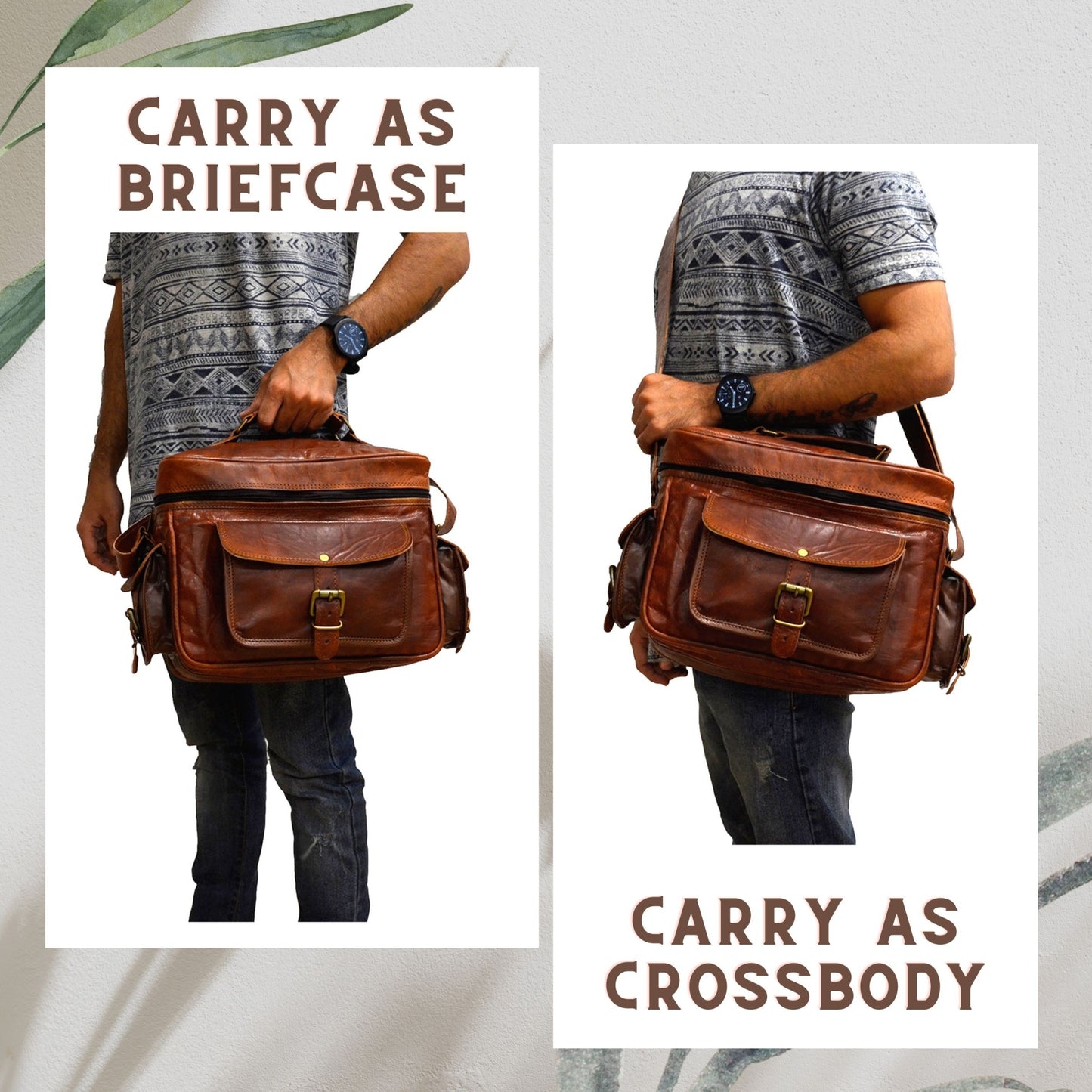 Men's Vintage Camera Messenger Bag Leather Travel Shoulder Bag for Photographer