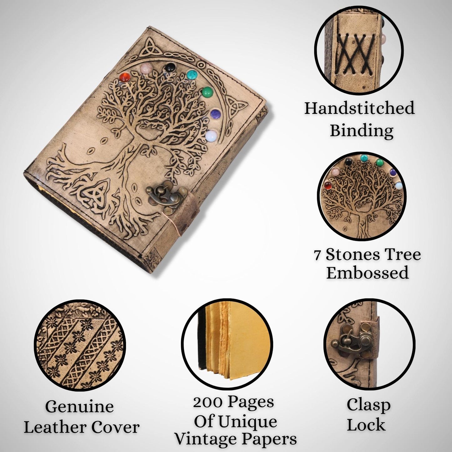 Tree Of Life Stone Studded Genuine Leather Bound Journal Grimoire Office Diary