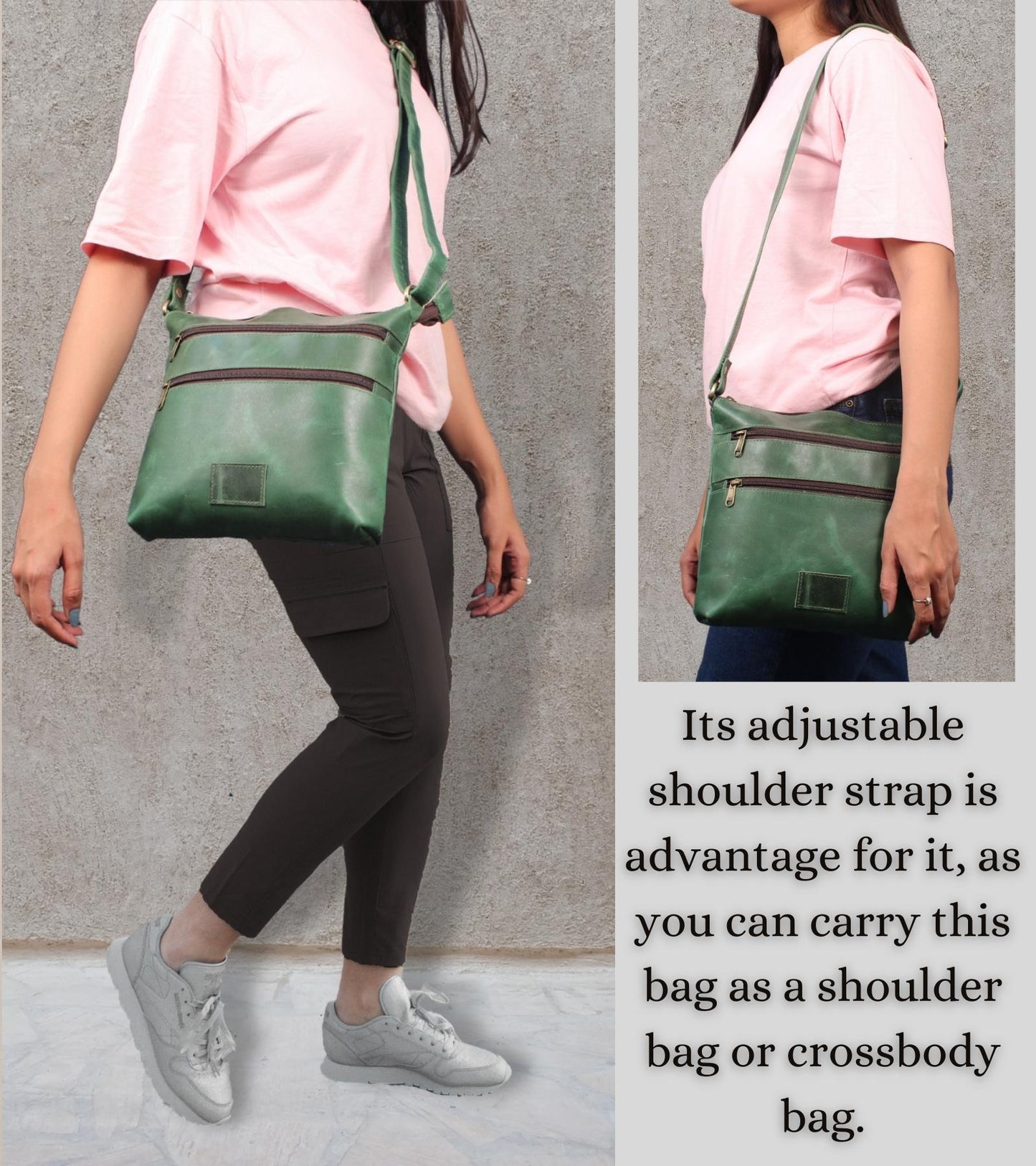 Madosh Genuine Green Leather Unisex Crossbody Shoulder Sling Small Crossover Side Multiple Pocket Hand Bag