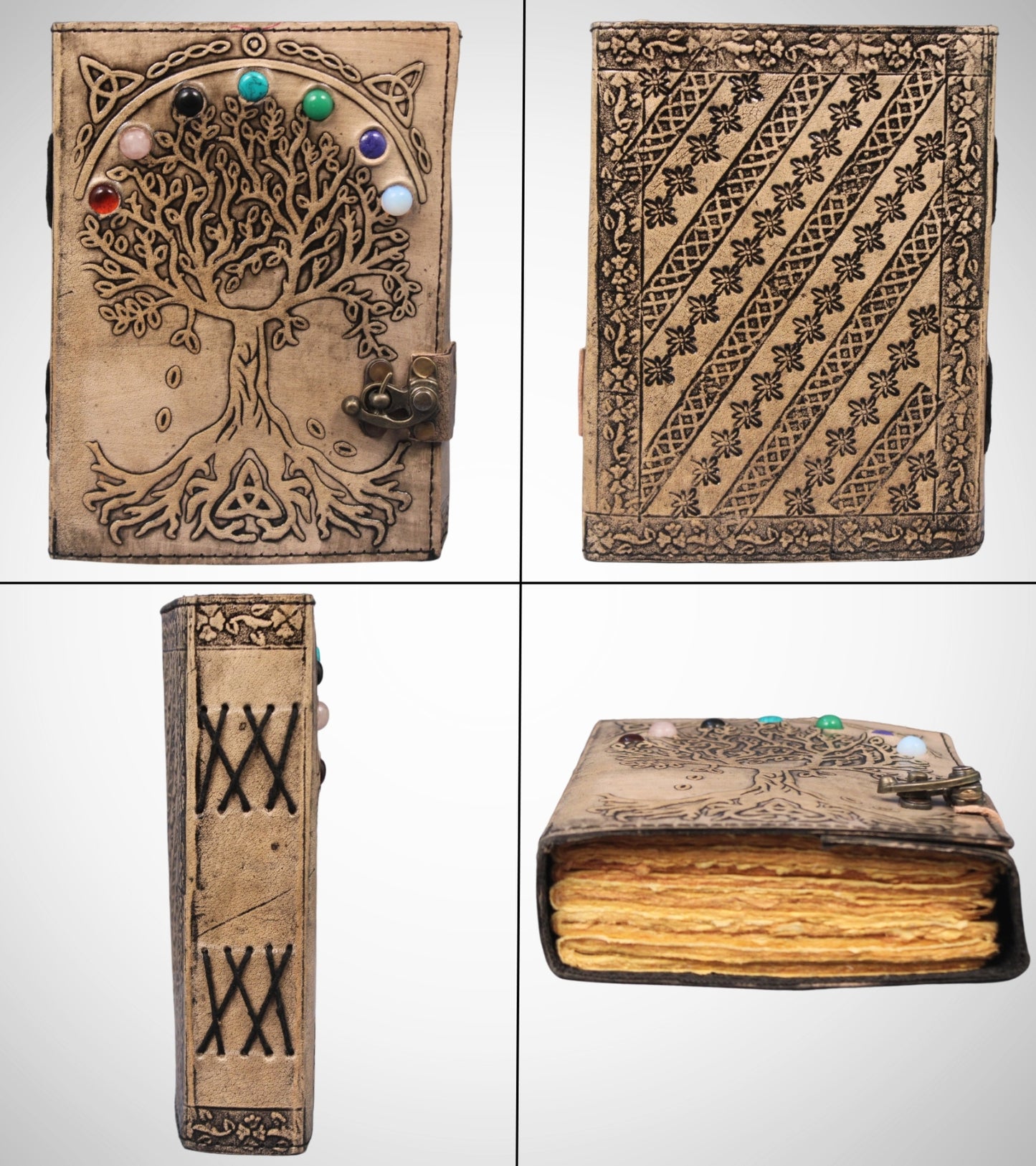 Tree Of Life Stone Studded Genuine Leather Bound Journal Grimoire Office Diary