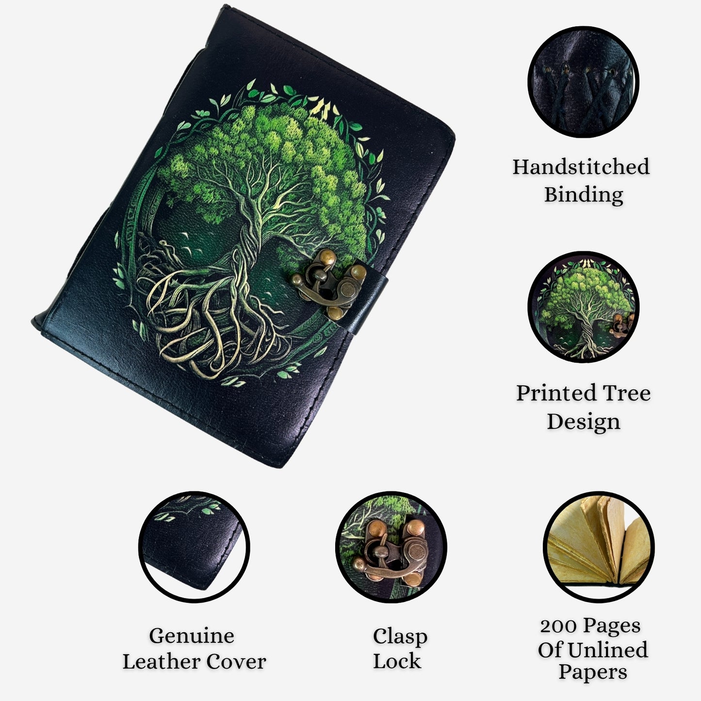 Madosh, Handmade Genuine Leather Journal with Tree of Life Design – 200 Unlined Pages | Vintage Lock Diary | 7x5” Travel Notebook for Writing, Sketching, Gifting