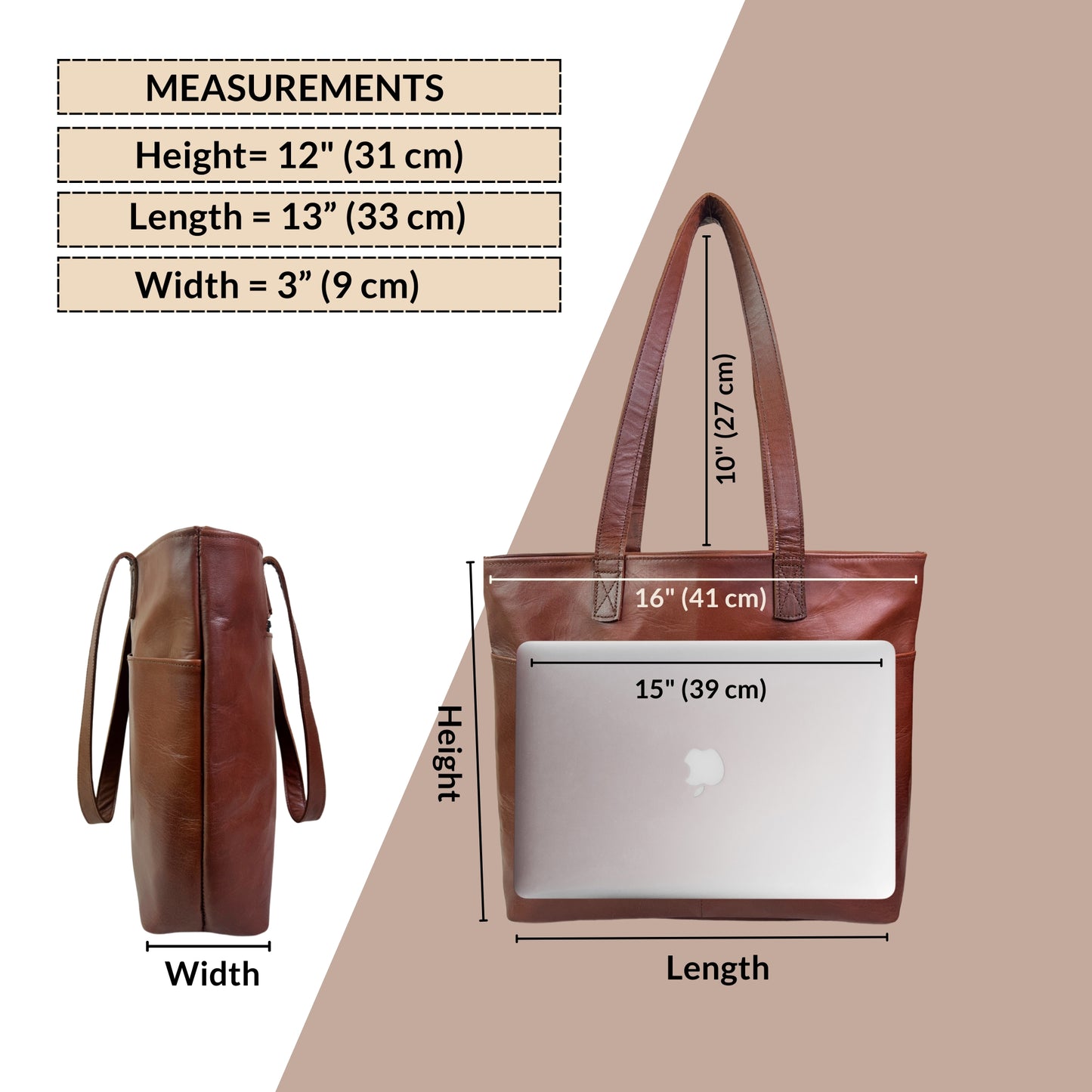 Madosh Brown Genuine Leather Tote Bag for Women - 15 inch Laptop Work Bag Shoulder Handbag & Purse with Multiple Pockets