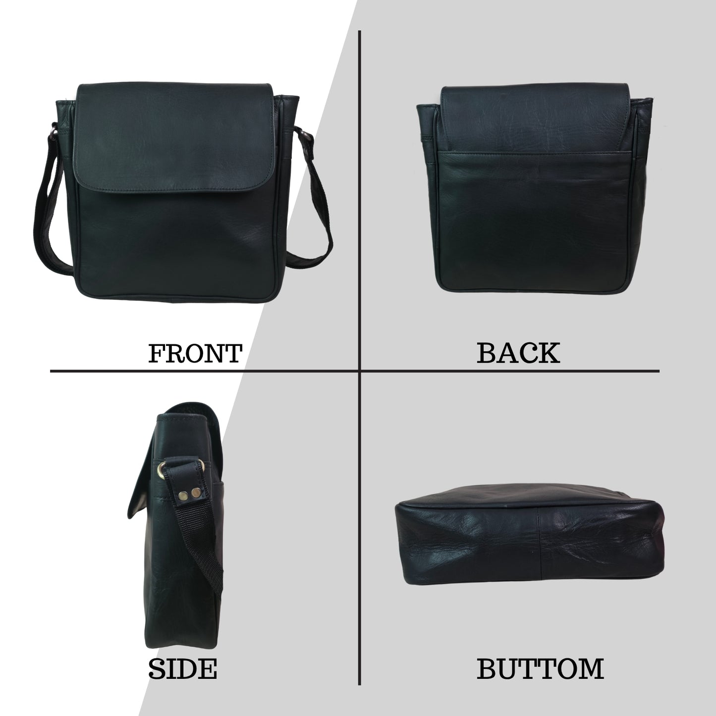 Women’s Genuine Leather Crossbody Bag – Handmade Messenger Shoulder Bag with Adjustable Strap & Magnetic Flap (Black)