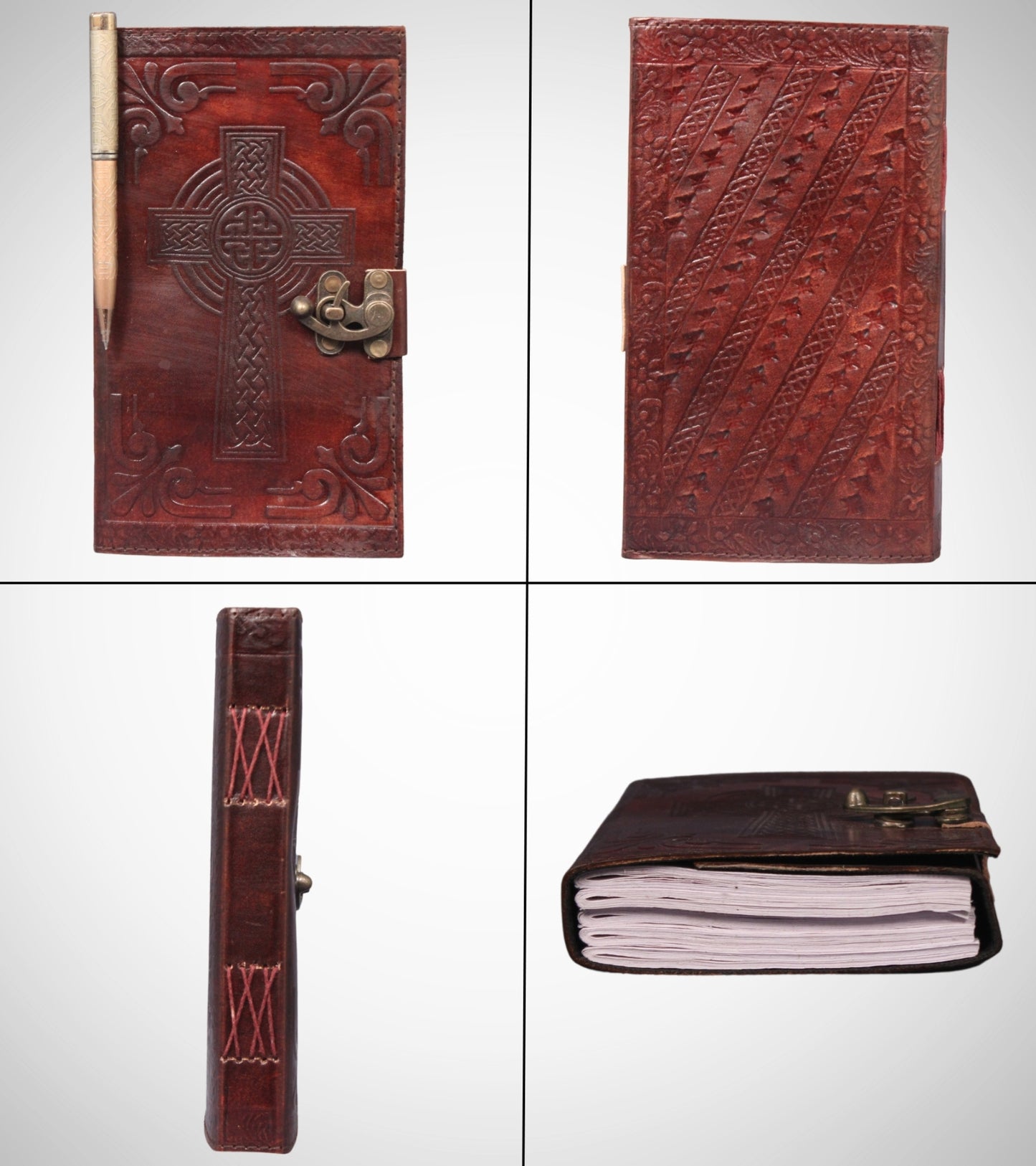 Genuine Leather Bound Journal Grimoire Cross Embossed Notepad Brown Notebook