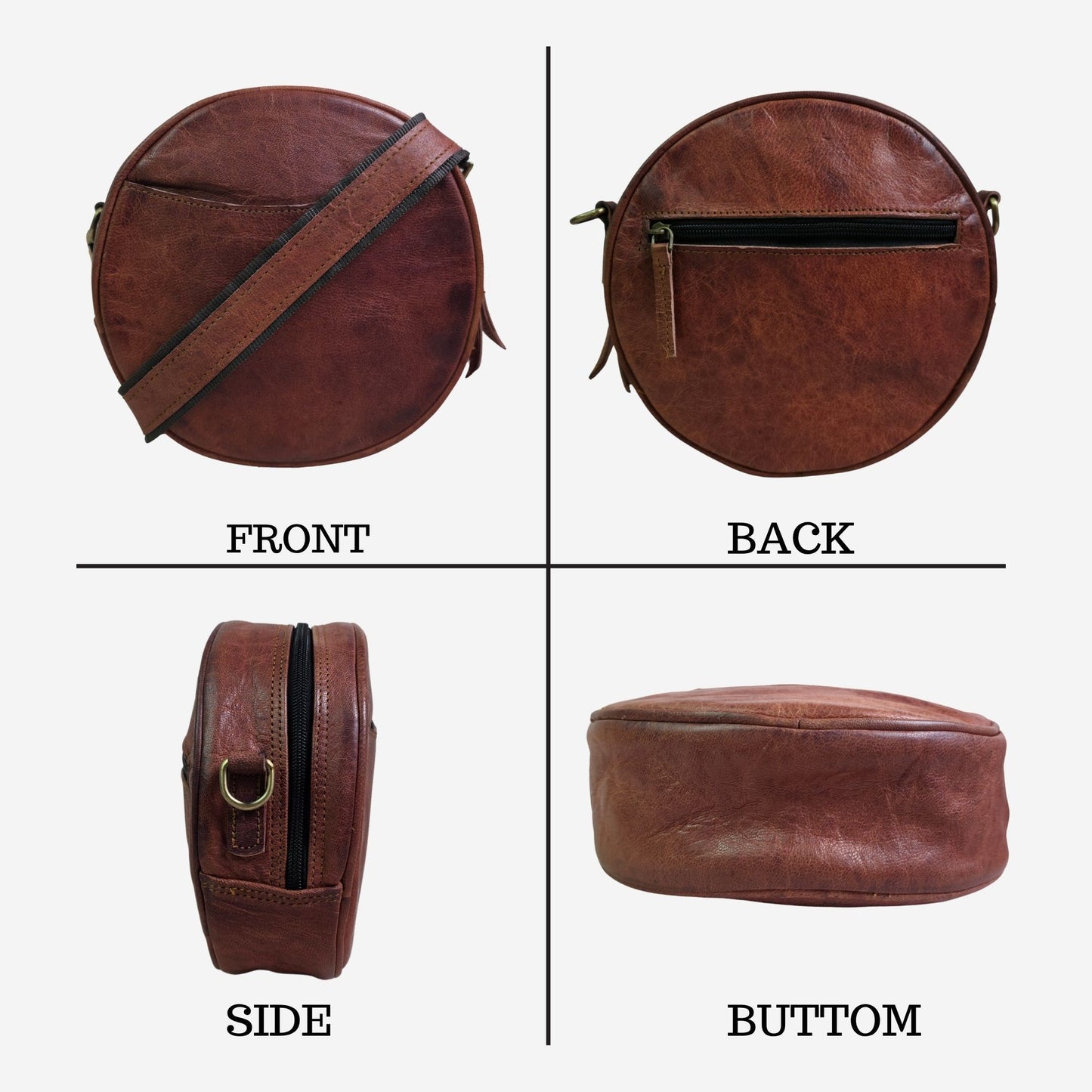 Stylish Round Crossbody Bag for Women – Small Circular Genuine Leather Purse with Adjustable Strap Brown Side Shoulder Fashion Handbag