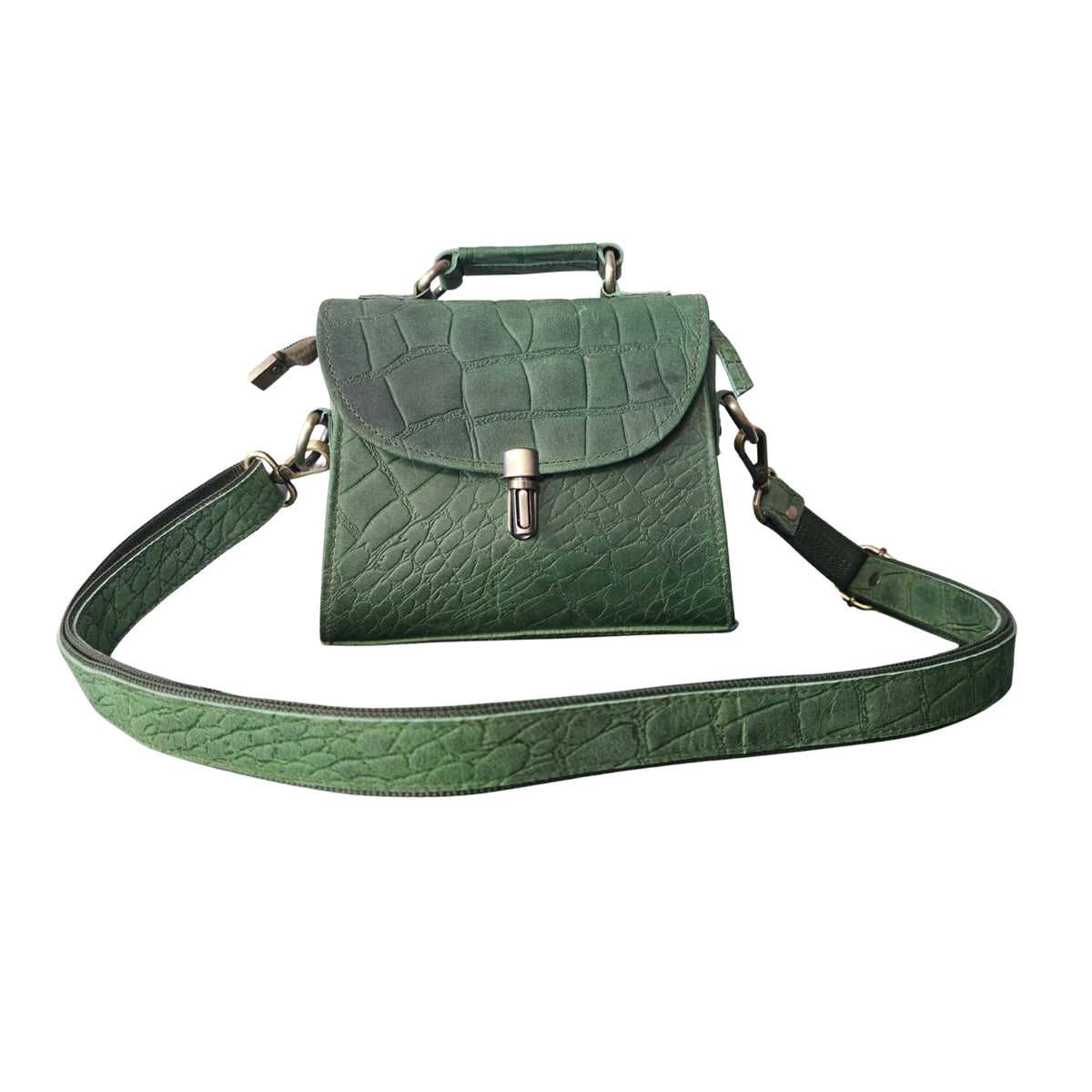 Genuine Leather Women's Crossbody Bag Croc Embossed Top Handle Satchel in Forest green