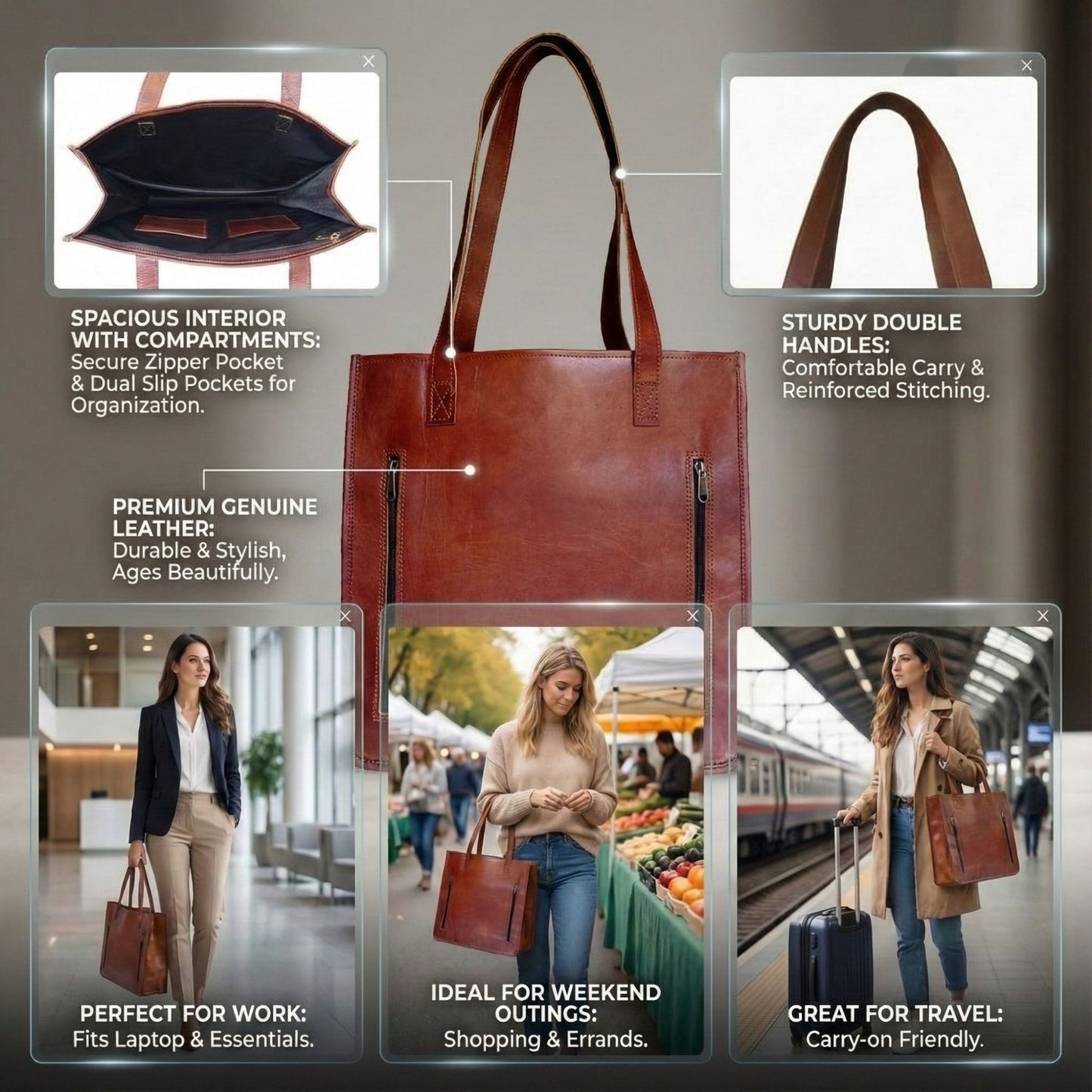 Women's Genuine Leather Brown Open Purse Tote Shoulder Shopping Bag