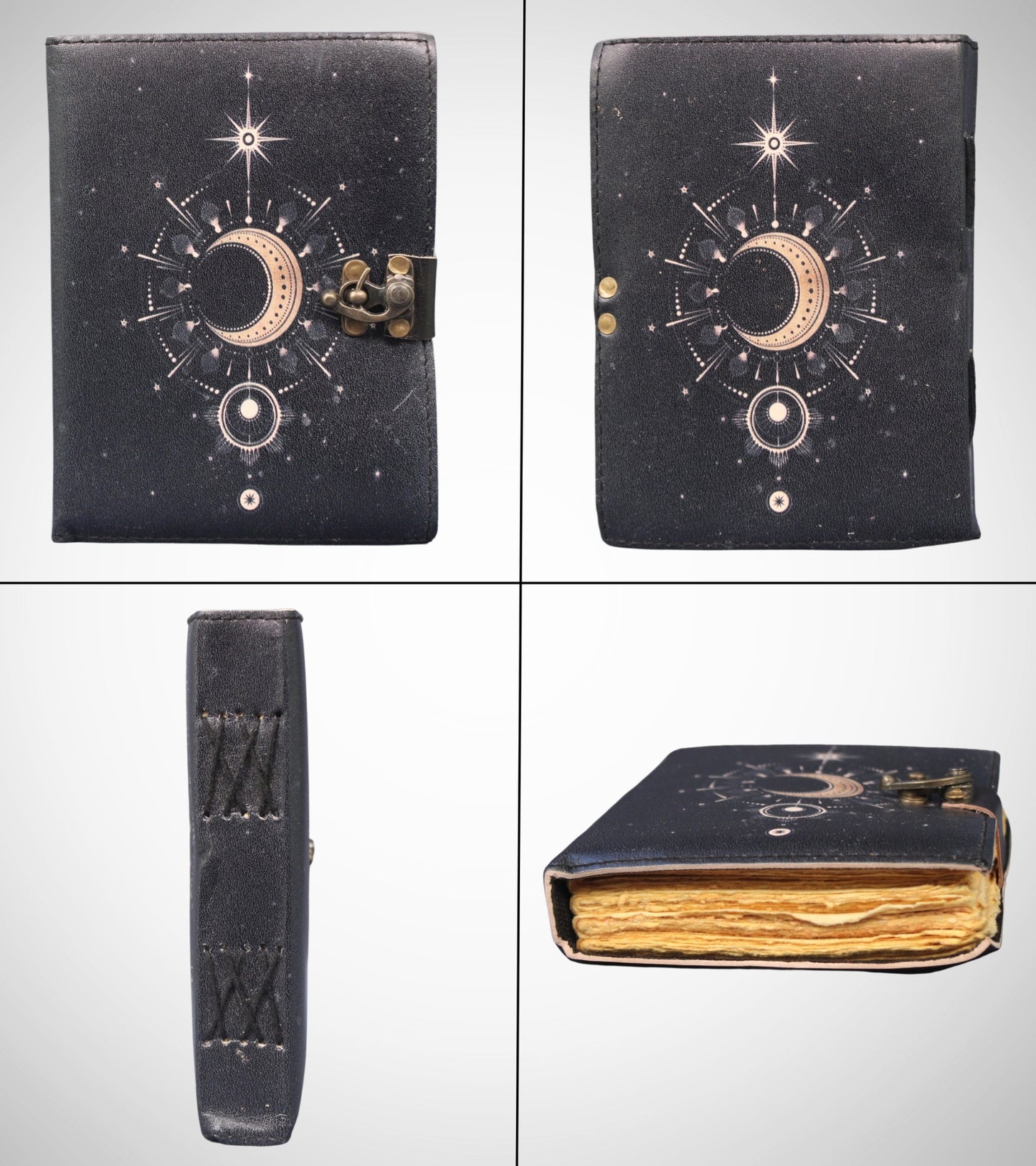 Celestial UV Print Genuine Leather Bound Grimoire Journal Black Cover Diary Book