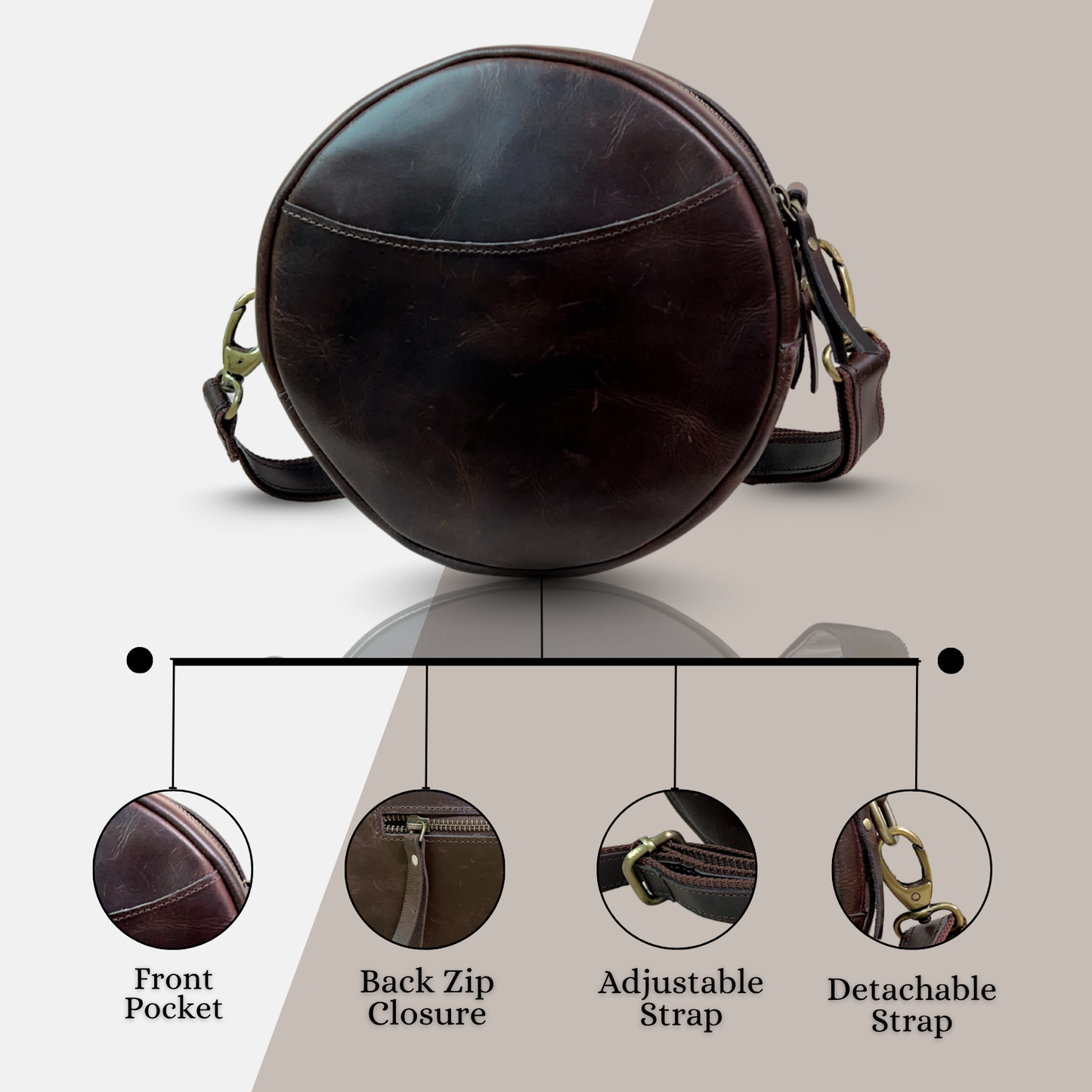 Madosh Stylish Round Crossbody Bag for Women – Small Circular Genuine Leather Purse with Adjustable Strap Brown Side Shoulder Fashion Handbag