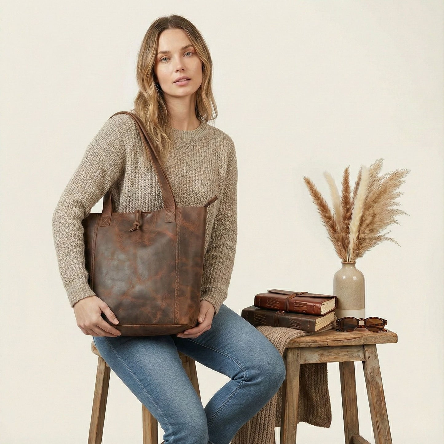 Genuine Hunter Leather Tote Women Purse Handmade Handbag Top Handle Shoulder Large Bag