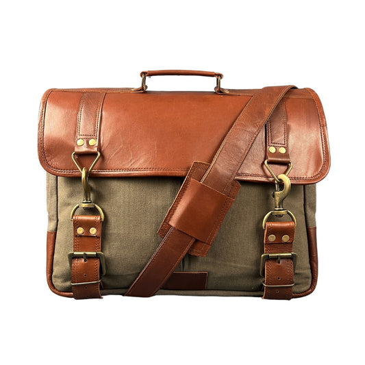 Madosh Genuine Brown Leather Canvas Laptop Men’s Briefcase Side Crossbody Office Shoulder Business Messenger Laptop Handbag for men