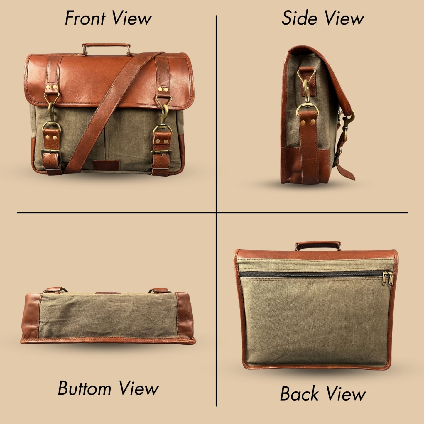 Madosh Genuine Brown Leather Canvas Laptop Men’s Briefcase Side Crossbody Office Shoulder Business Messenger Laptop Handbag for men