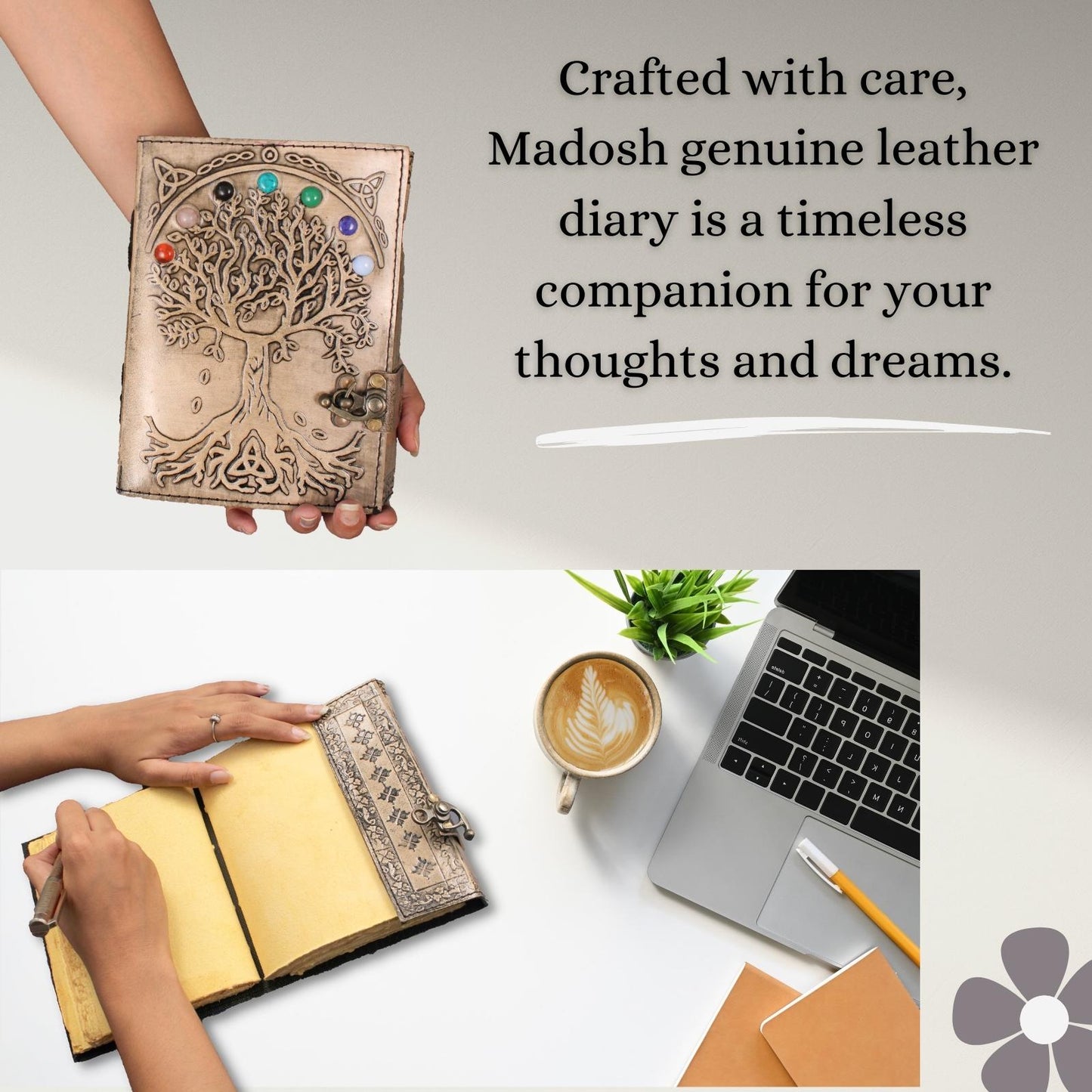 Tree Of Life Stone Studded Genuine Leather Bound Journal Grimoire Office Diary