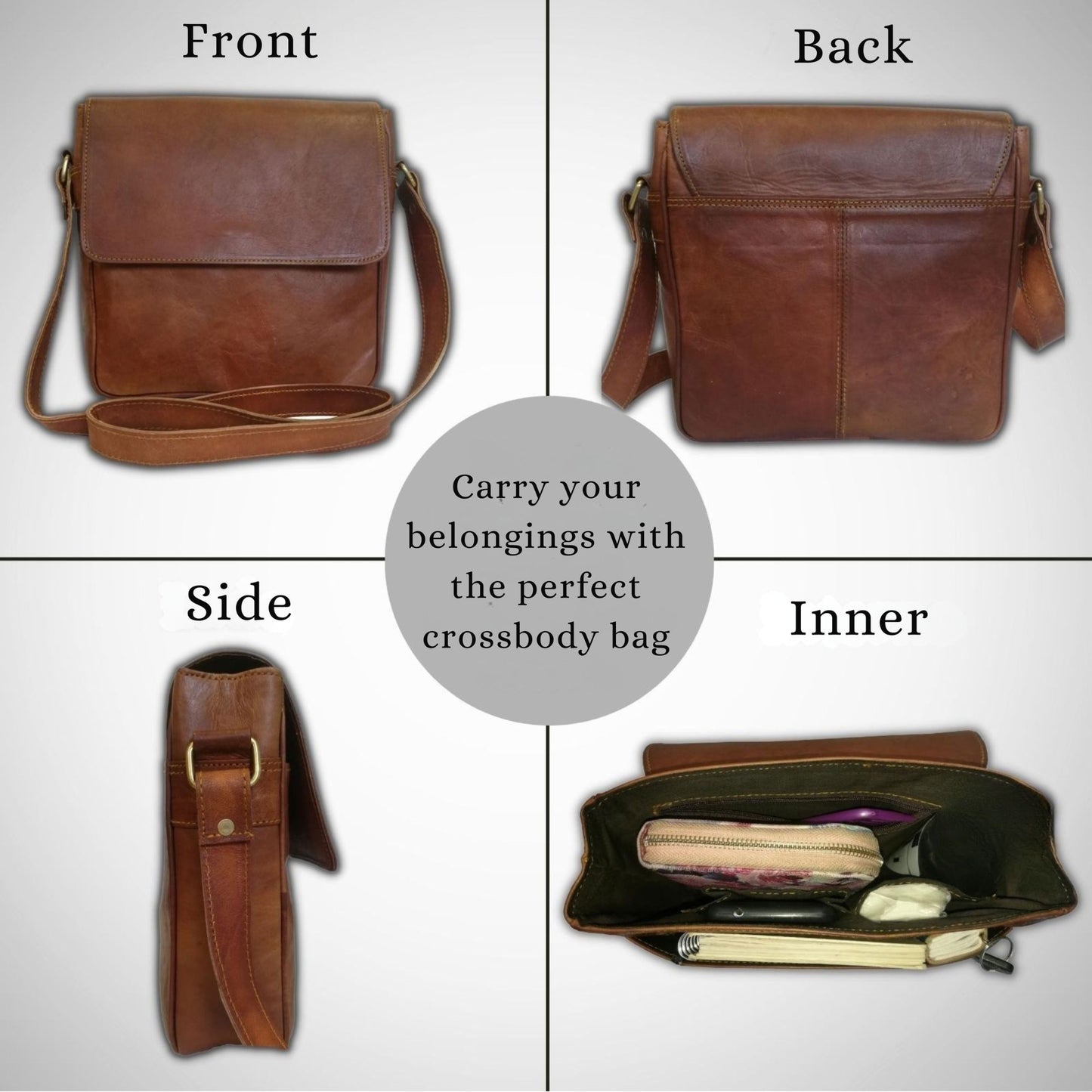 Women’s Genuine Leather Crossbody Bag – Handmade Messenger Shoulder Bag with Adjustable Strap & Magnetic Flap (Brown)