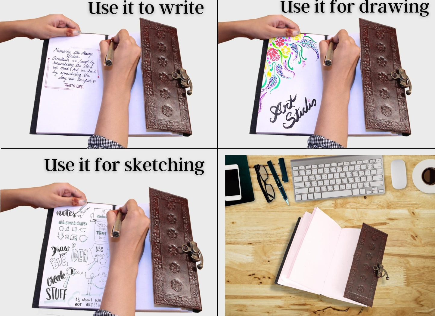 Genuine Leather Bound Journal Grimoire Cross Embossed Notepad Brown Notebook