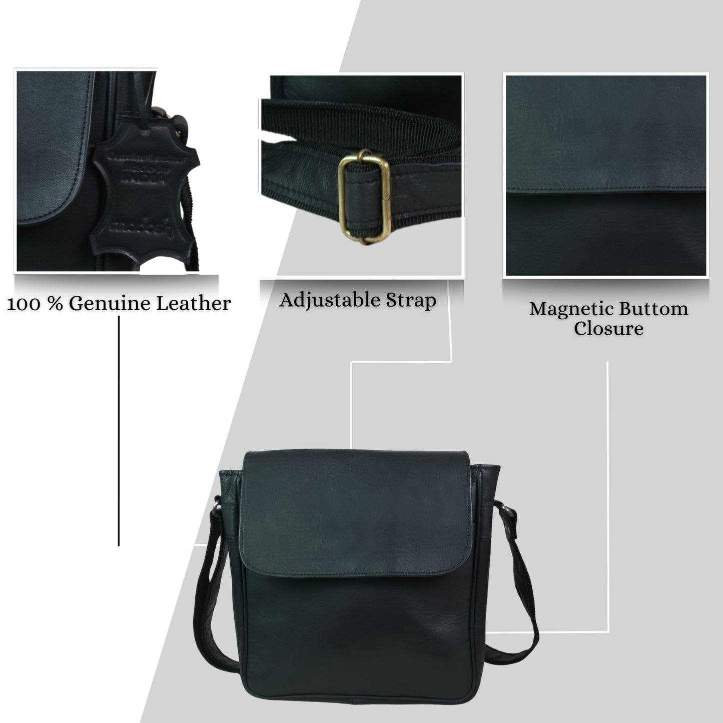 Women’s Genuine Leather Crossbody Bag – Handmade Messenger Shoulder Bag with Adjustable Strap & Magnetic Flap (Black)