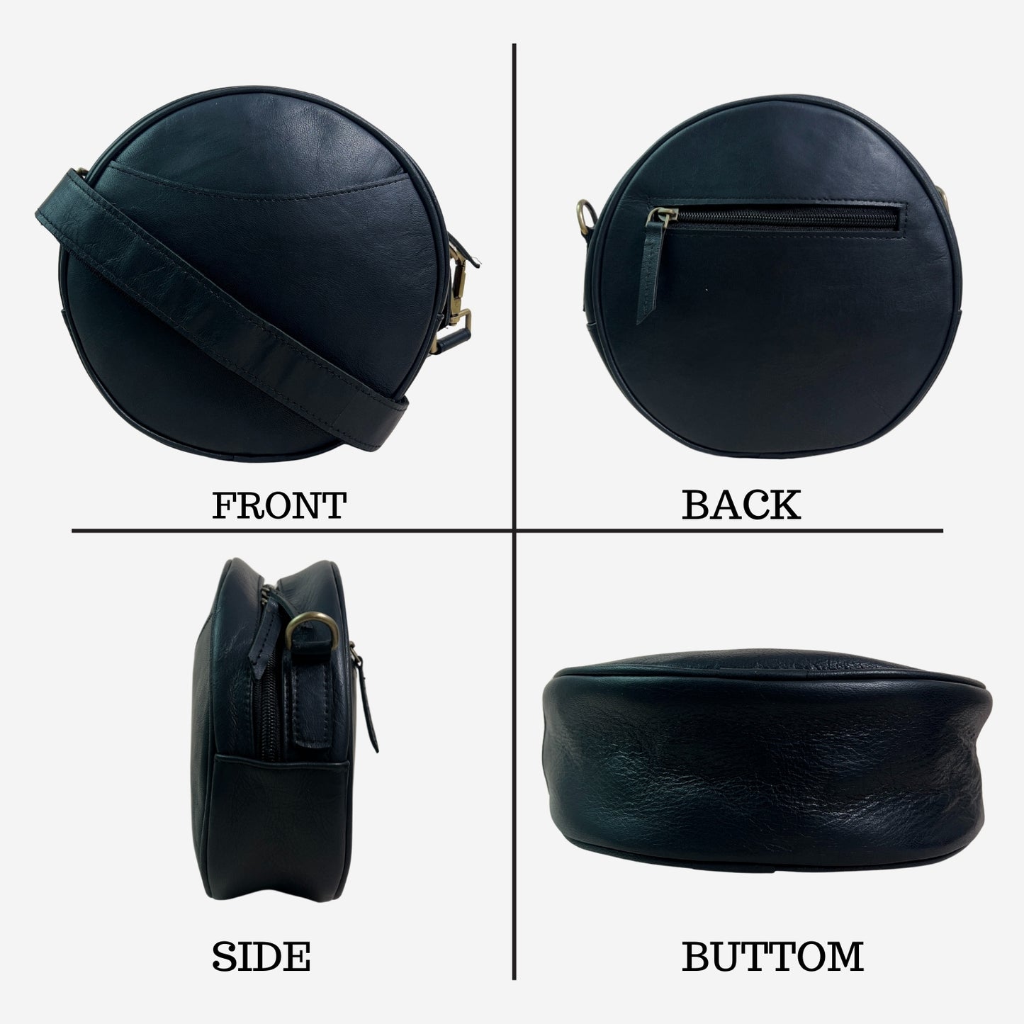 Madosh Stylish Round Crossbody Bag for Women – Small Circular Genuine Leather Purse with Adjustable Strap Black Side Shoulder Fashion Handbag