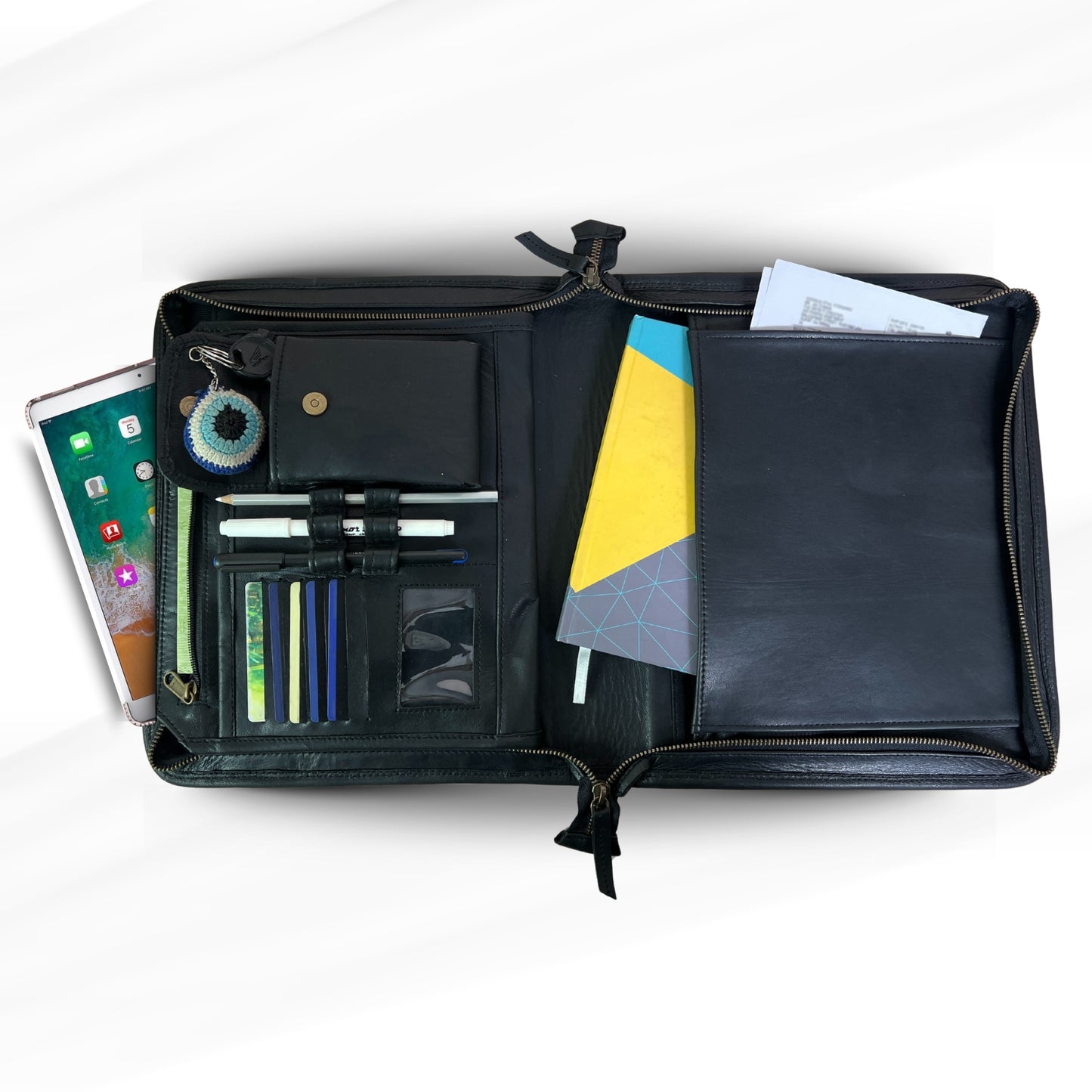 Buffalo Leather File folder Business Padfolio iPad Holder Document Organizer-BLACK