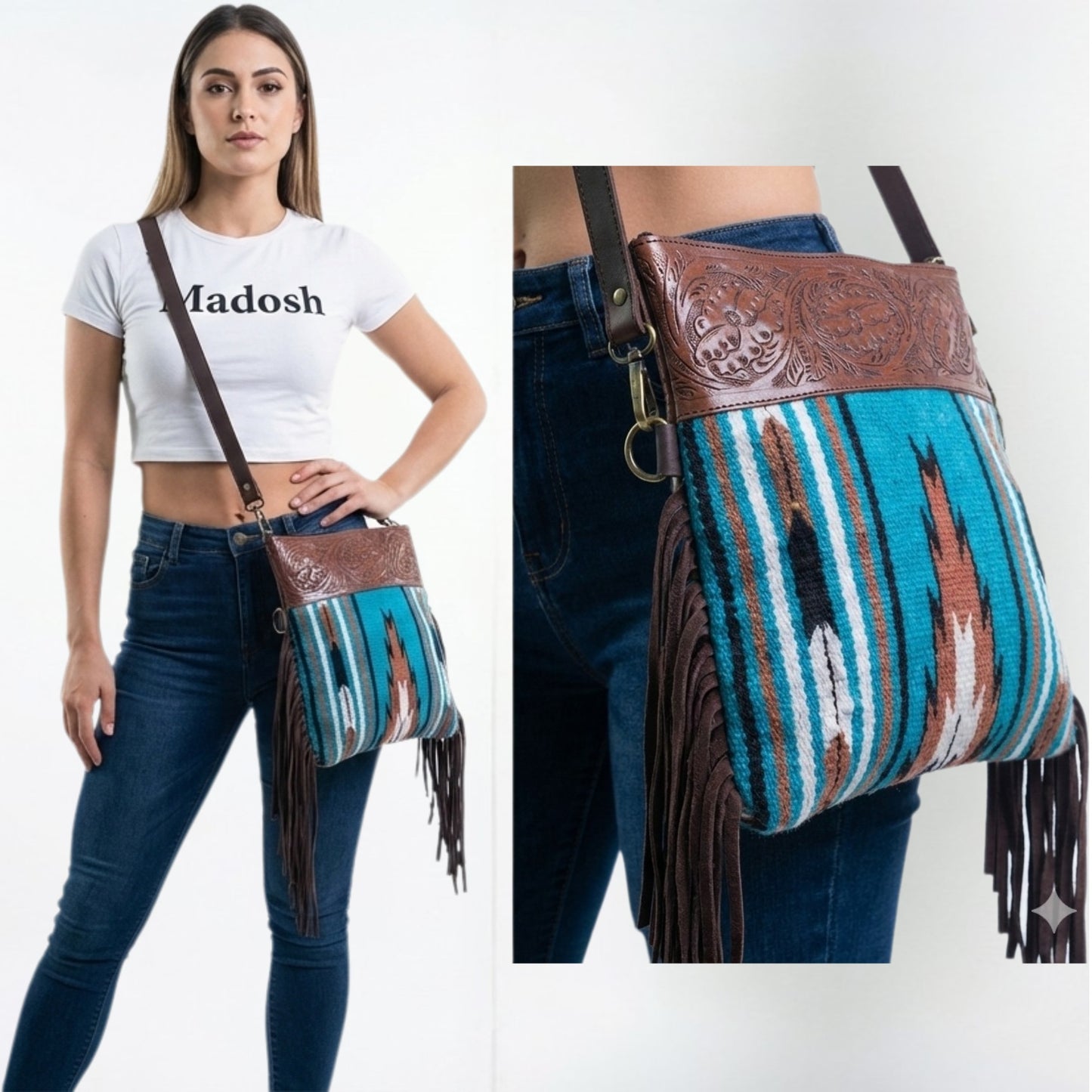 Madosh, Women’s Crossbody Bag Genuine Leather Fringe handbag Sling Purse for Women Saddle Blanket Bag Embossed Handcrafted Bag