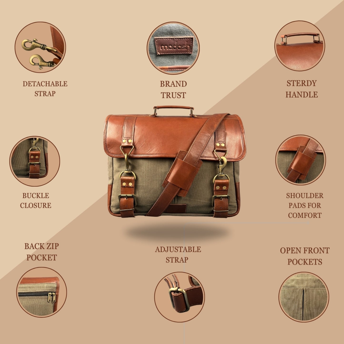 Madosh Genuine Brown Leather Canvas Laptop Men’s Briefcase Side Crossbody Office Shoulder Business Messenger Laptop Handbag for men