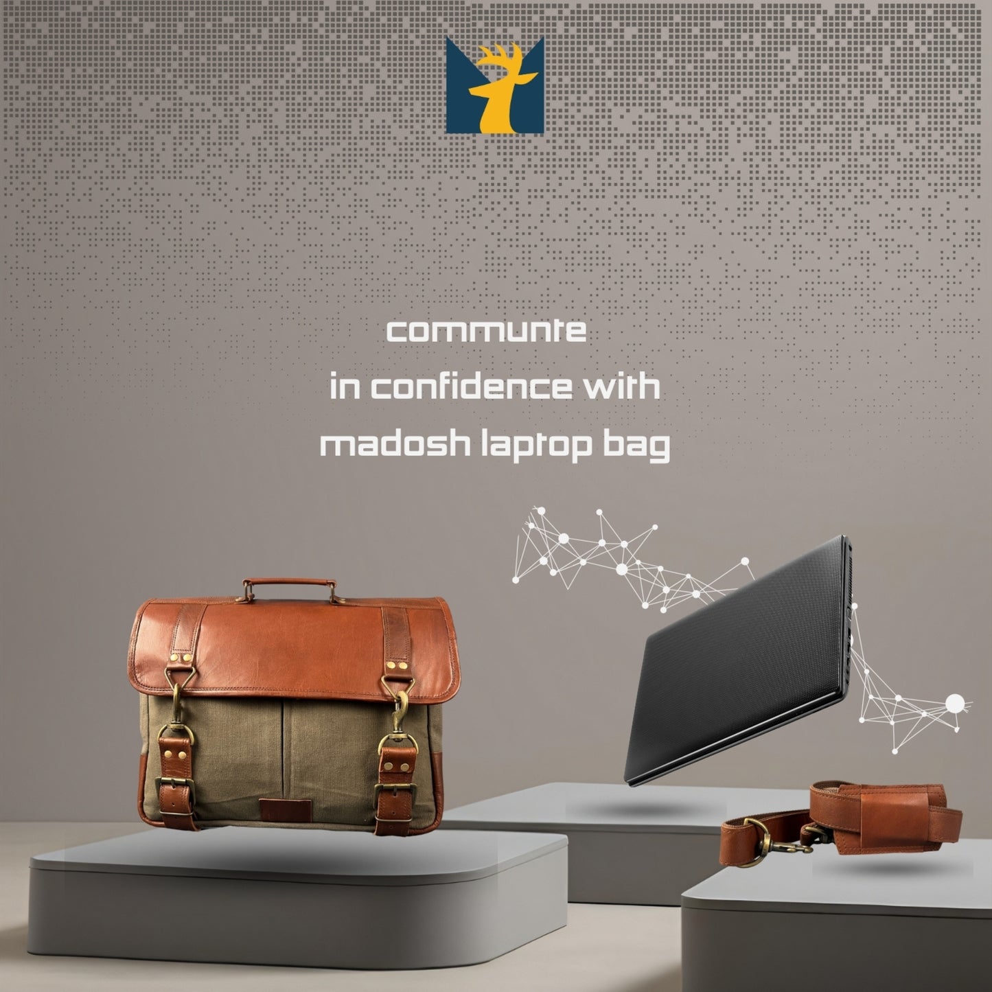 Madosh Genuine Brown Leather Canvas Laptop Men’s Briefcase Side Crossbody Office Shoulder Business Messenger Laptop Handbag for men
