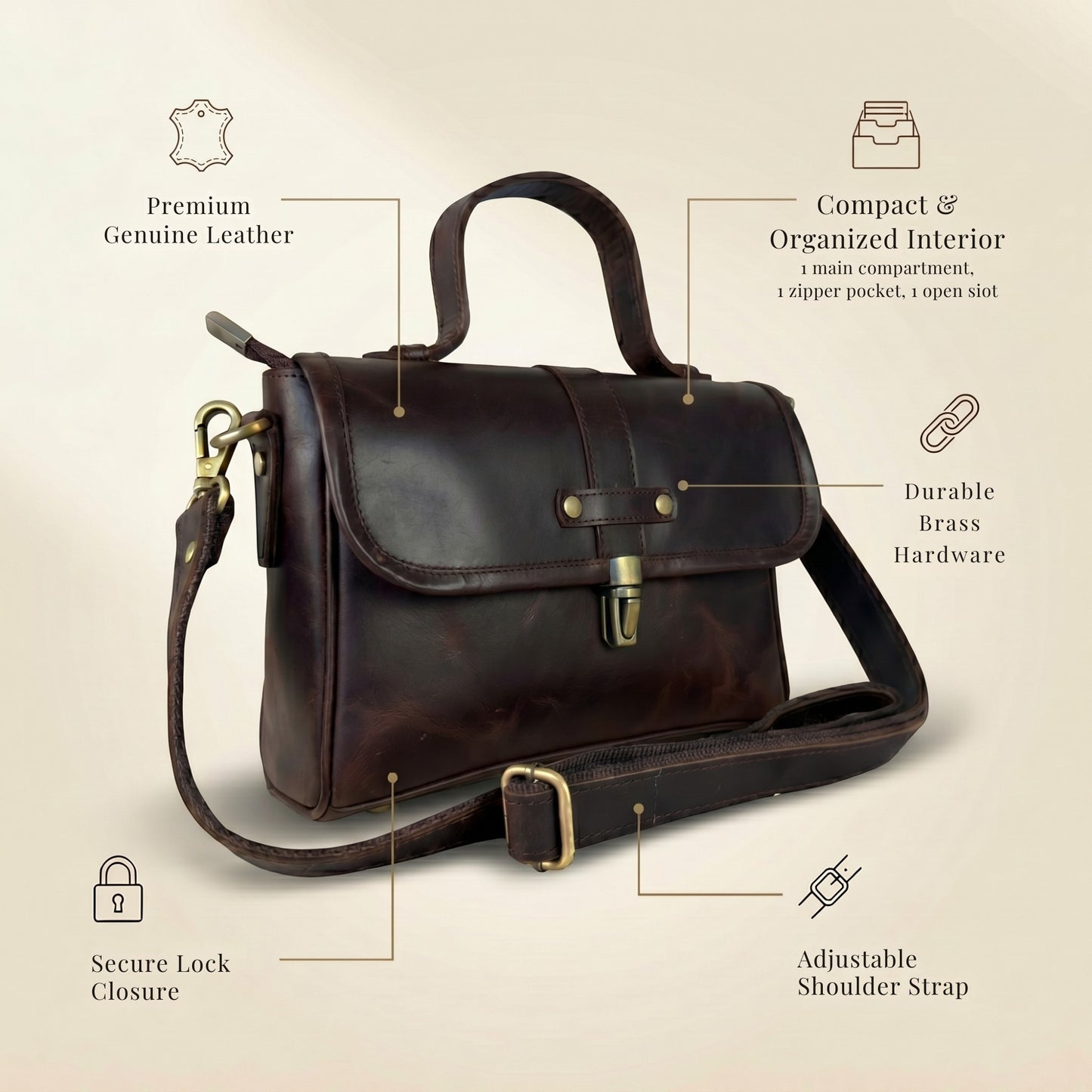 Womens Genuine Leather Crossbody Satchel Shoulder Bag Brown ELARA