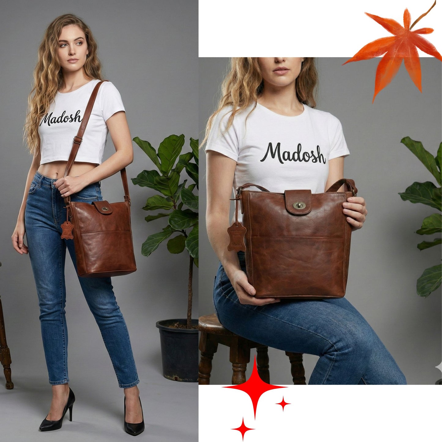 Women Crossbody Vintage Bag Brown Handbag Genuine Leather Purse