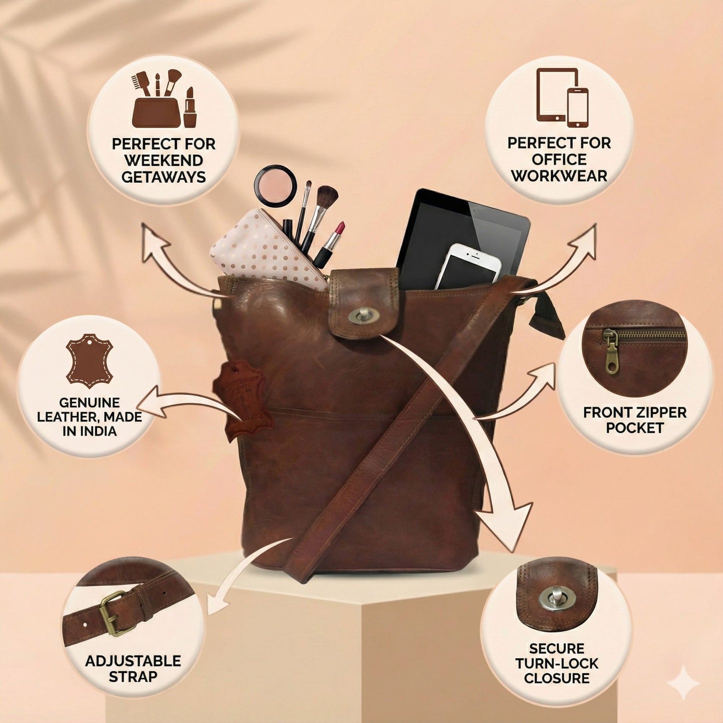 Women Crossbody Vintage Bag Brown Handbag Genuine Leather Purse