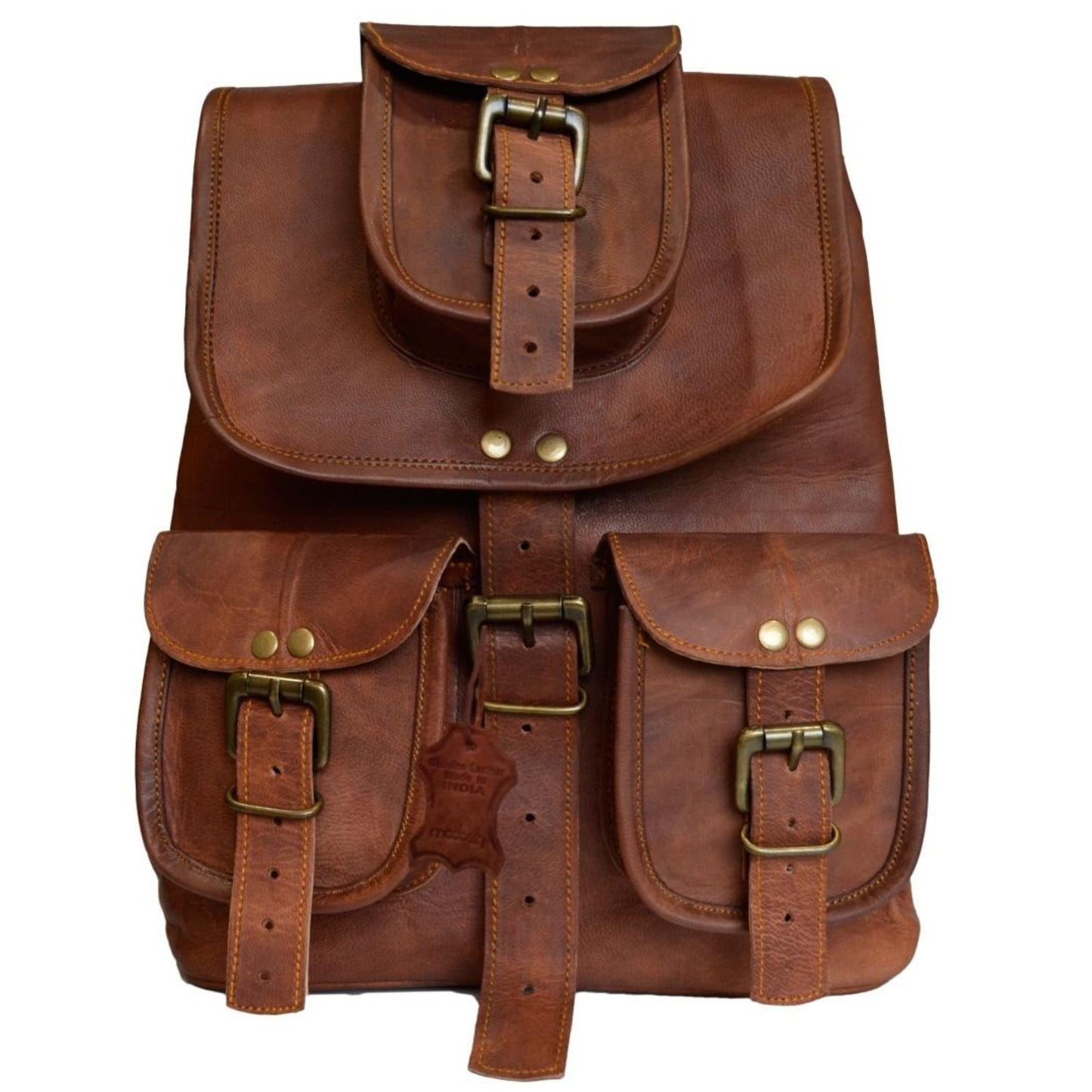 Vintage Hiking Daypack Genuine Brown Leather Shoulder Bag Travel Backpack