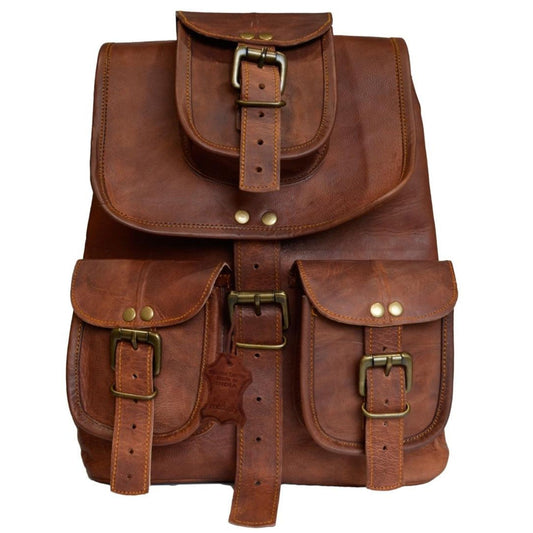 Vintage Hiking Daypack Genuine Brown Leather Shoulder Bag Travel Backpack