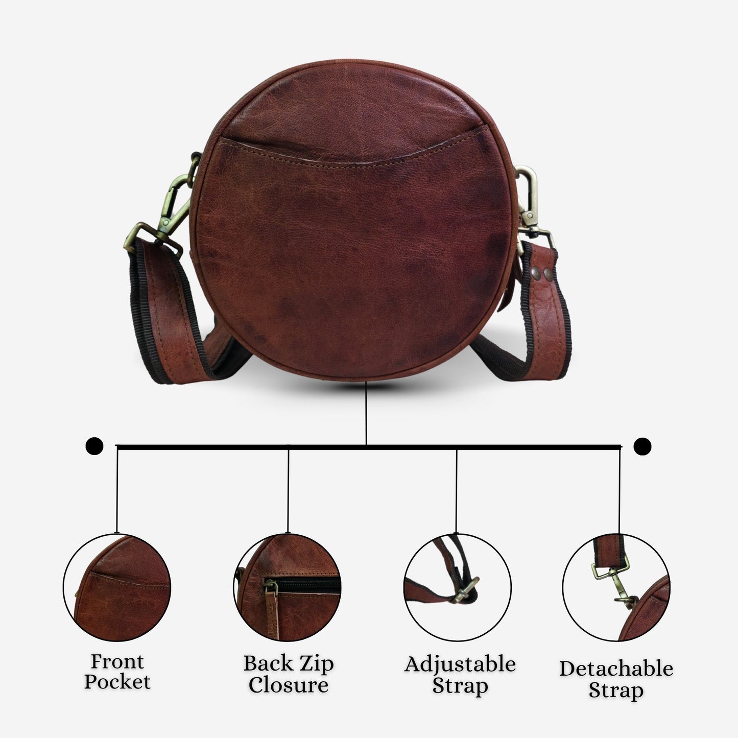 Stylish Round Crossbody Bag for Women – Small Circular Genuine Leather Purse with Adjustable Strap Brown Side Shoulder Fashion Handbag