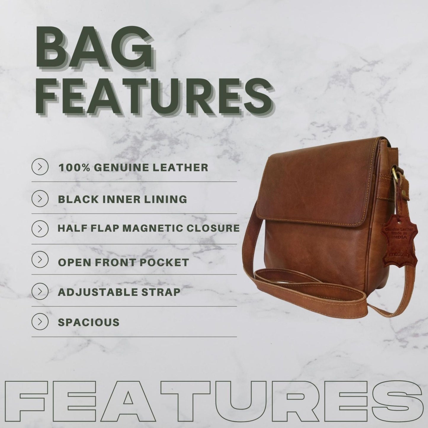 Women’s Genuine Leather Crossbody Bag – Handmade Messenger Shoulder Bag with Adjustable Strap & Magnetic Flap (Brown)