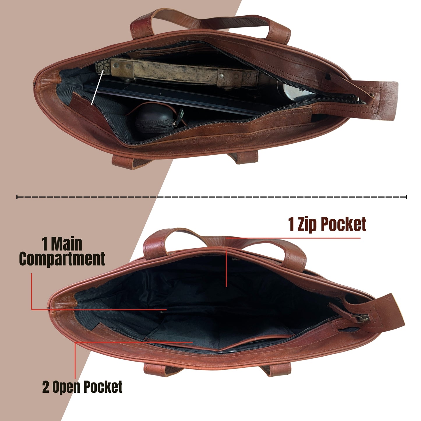 Madosh Brown Genuine Leather Tote Bag for Women - 15 inch Laptop Work Bag Shoulder Handbag & Purse with Multiple Pockets