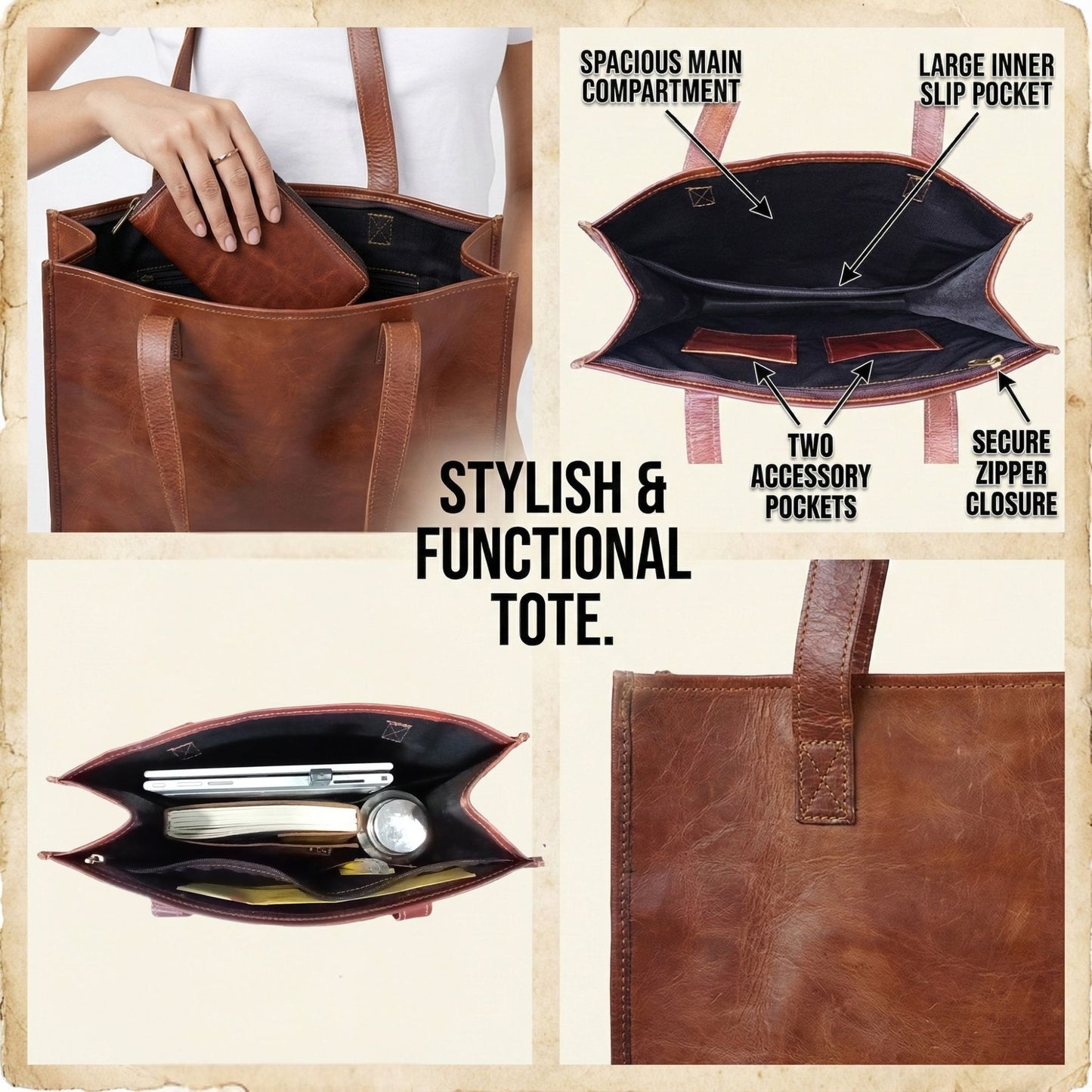 Women's Genuine Leather Brown Open Purse Tote Shoulder Shopping Bag