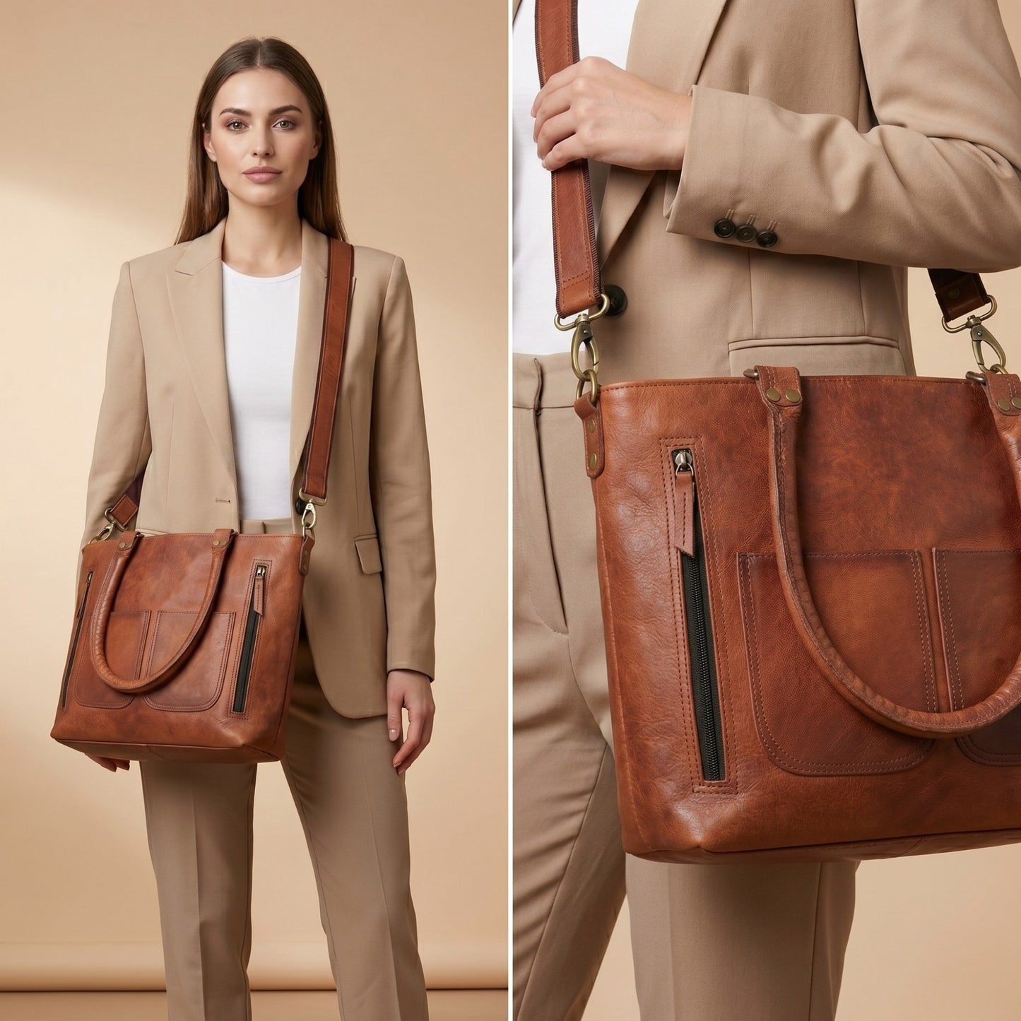 Womens Genuine Leather Brown Tote Shoulder Crossbody Handbag