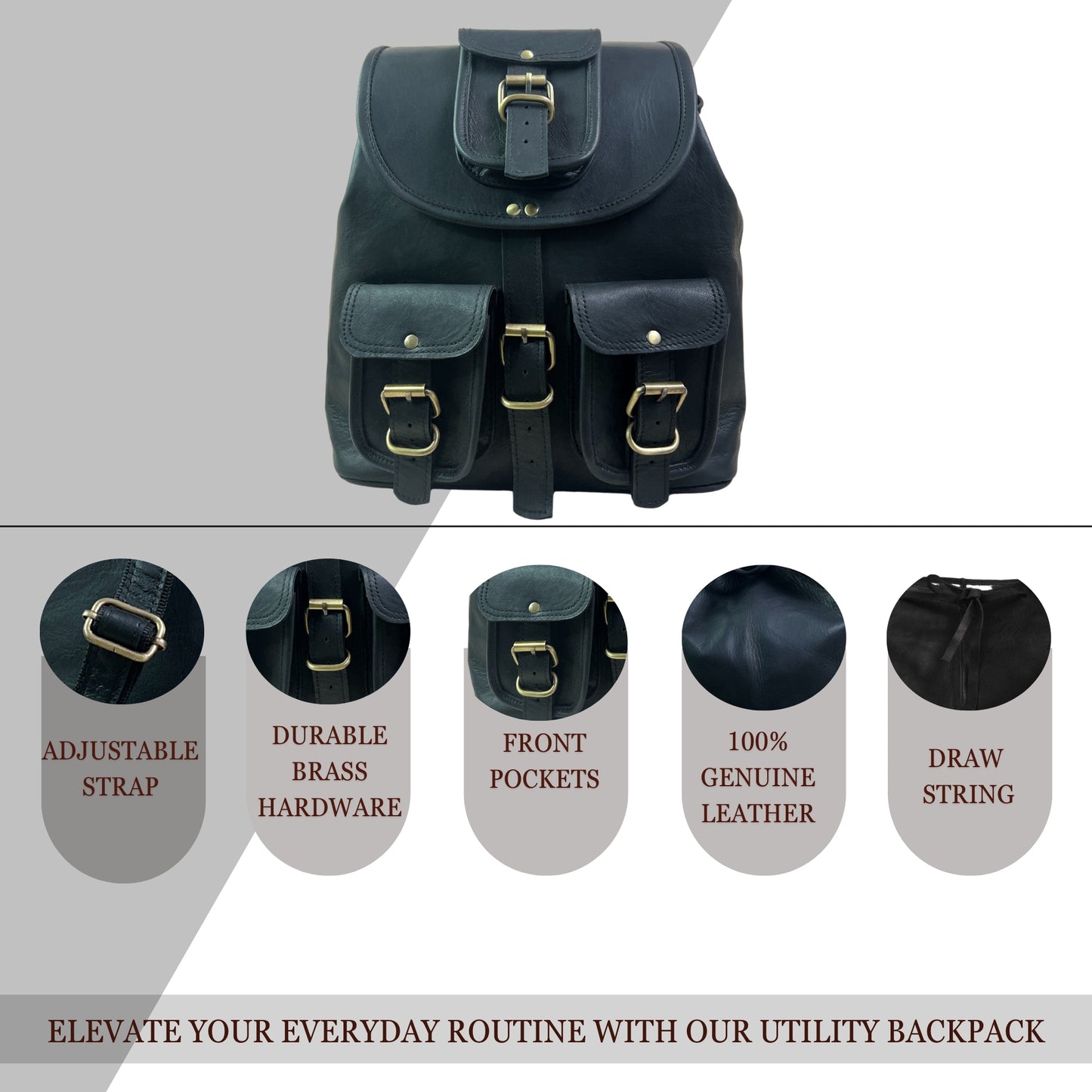 Black Genuine Leather Laptop Backpack Sports Hiking Daypacks Carryall Rucksack Casual Shoulder Bookbag