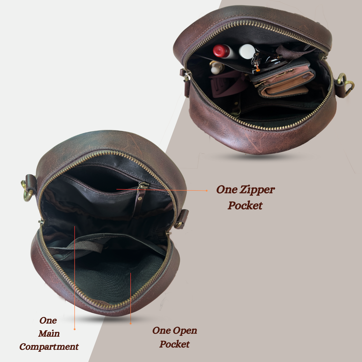 Madosh Stylish Round Crossbody Bag for Women – Small Circular Genuine Leather Purse with Adjustable Strap Brown Side Shoulder Fashion Handbag