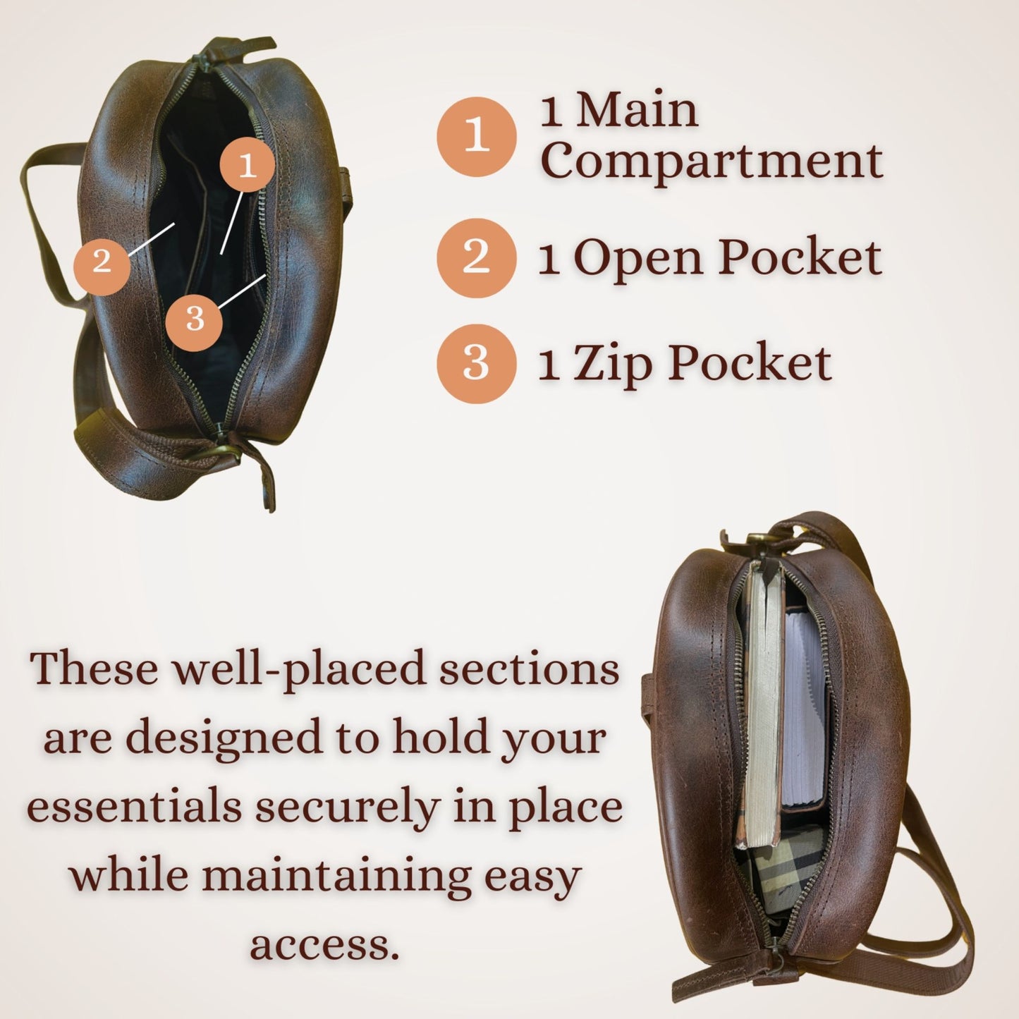 Madosh Genuine Leather Crossbody Sling Bag |Brown Leather Bag | Unique Round layout |Spacious Compartments| Women everyday use.