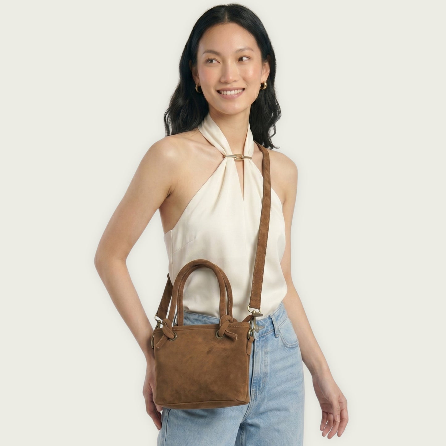 chestnut Brown Suede Leather Crossbody Handbag Women's Mini Tote Purse