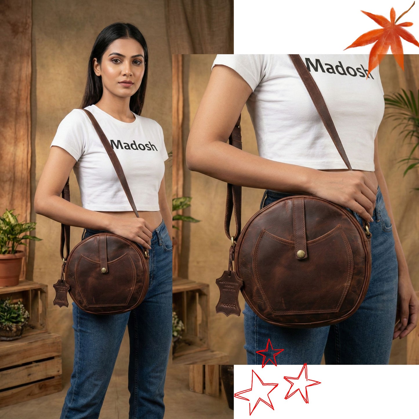 Madosh Genuine Leather Crossbody Sling Bag |Brown Leather Bag | Unique Round layout |Spacious Compartments| Women everyday use.