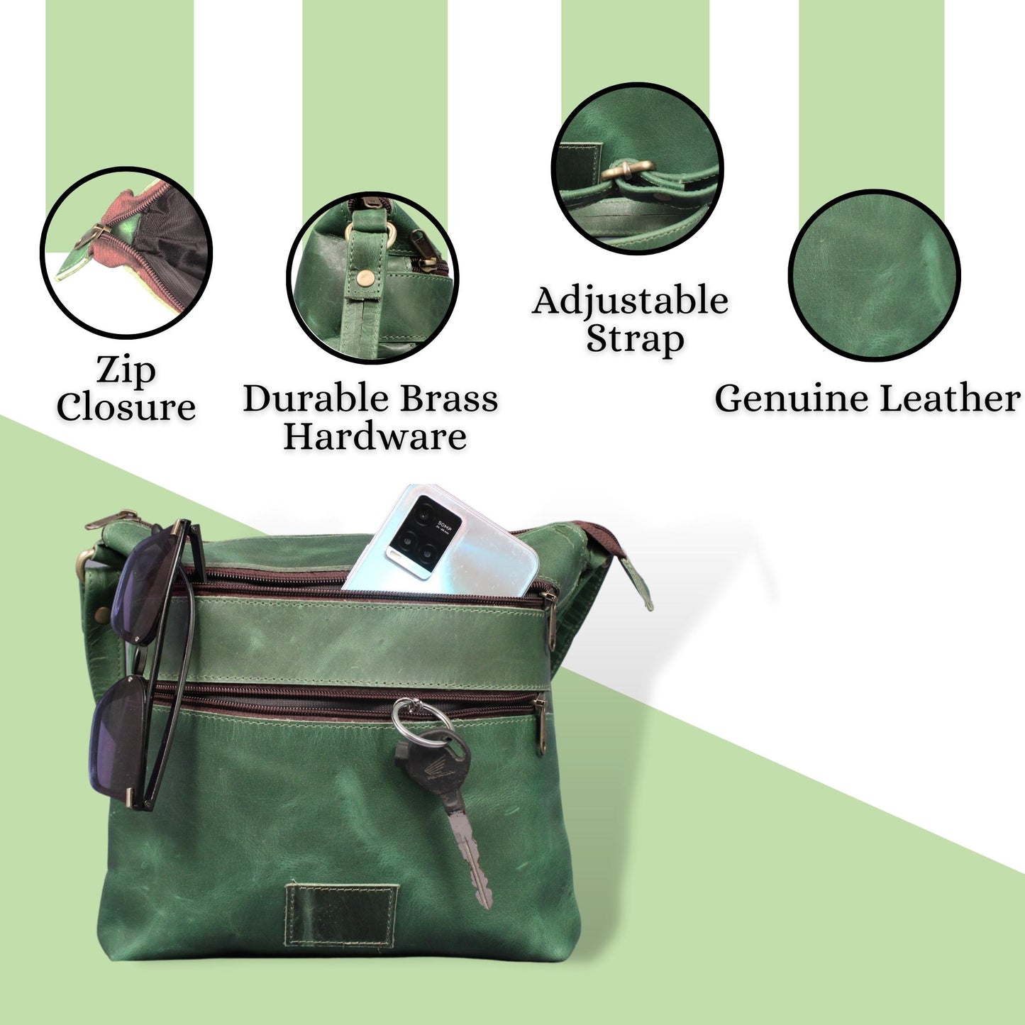 Madosh Genuine Green Leather Unisex Crossbody Shoulder Sling Small Crossover Side Multiple Pocket Hand Bag