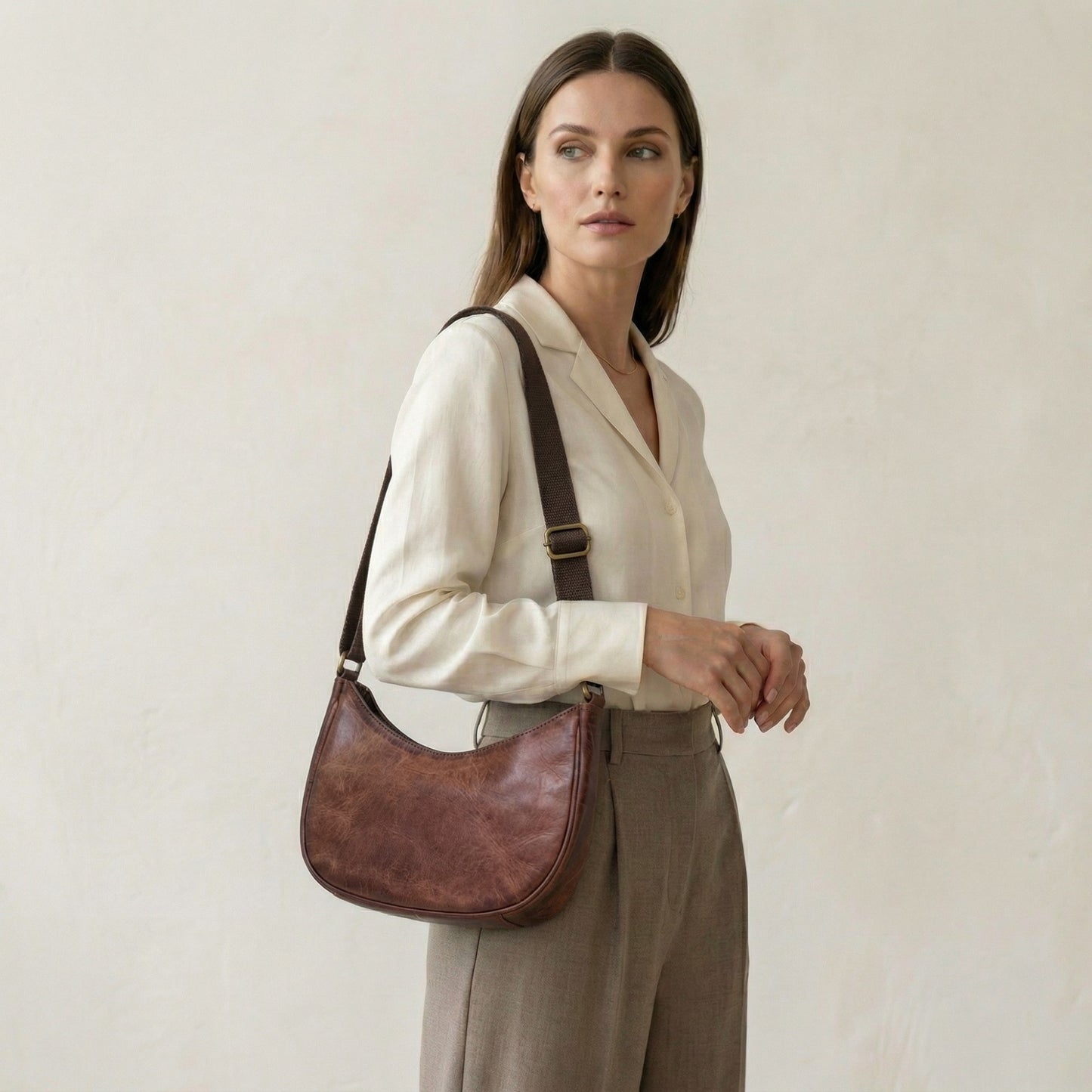 Madosh Genuine Leather Half Moon Crossbody Bag for Women – Small Crescent Shoulder Purse, Minimalist Brown Handbag