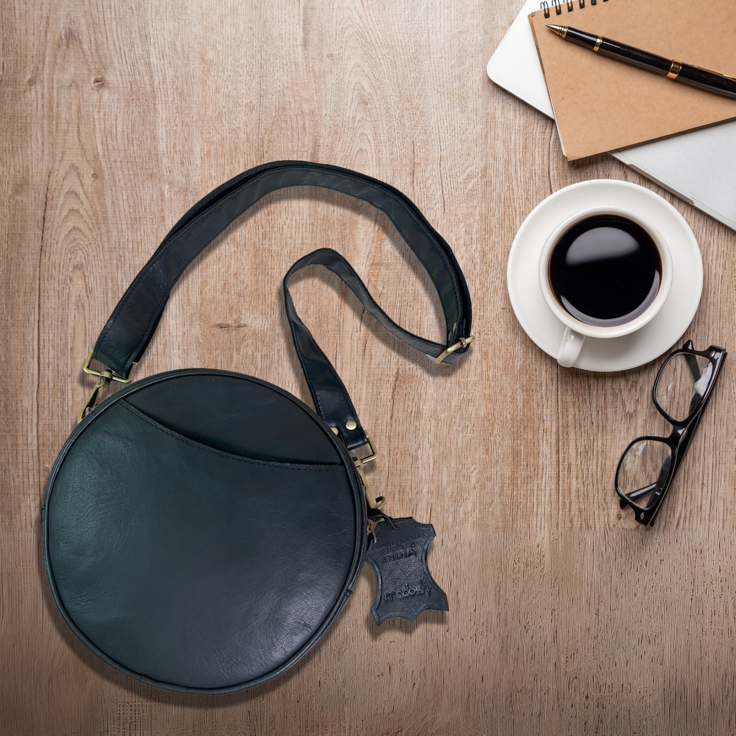 Madosh Stylish Round Crossbody Bag for Women – Small Circular Genuine Leather Purse with Adjustable Strap Black Side Shoulder Fashion Handbag
