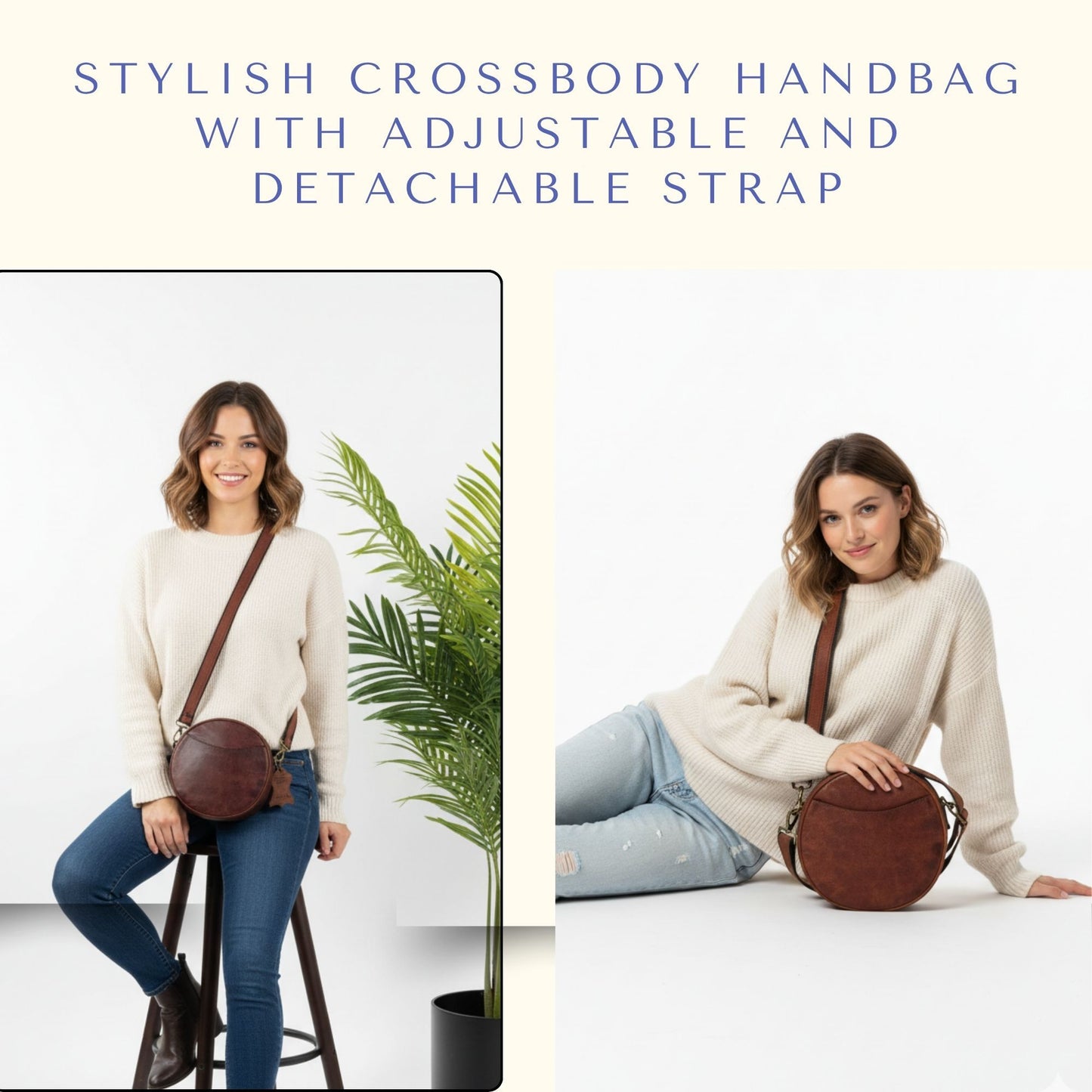 Stylish Round Crossbody Bag for Women – Small Circular Genuine Leather Purse with Adjustable Strap Brown Side Shoulder Fashion Handbag
