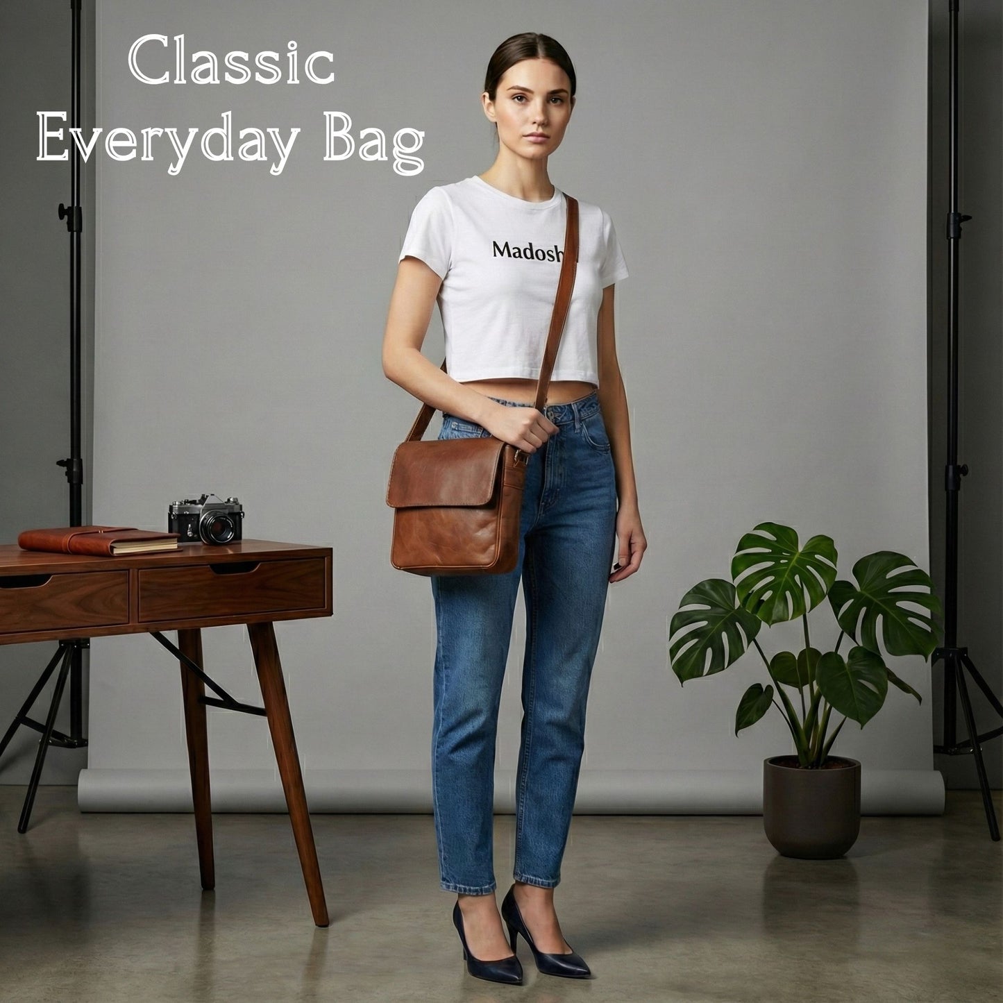 Women’s Genuine Leather Crossbody Bag – Handmade Messenger Shoulder Bag with Adjustable Strap & Magnetic Flap (Brown)