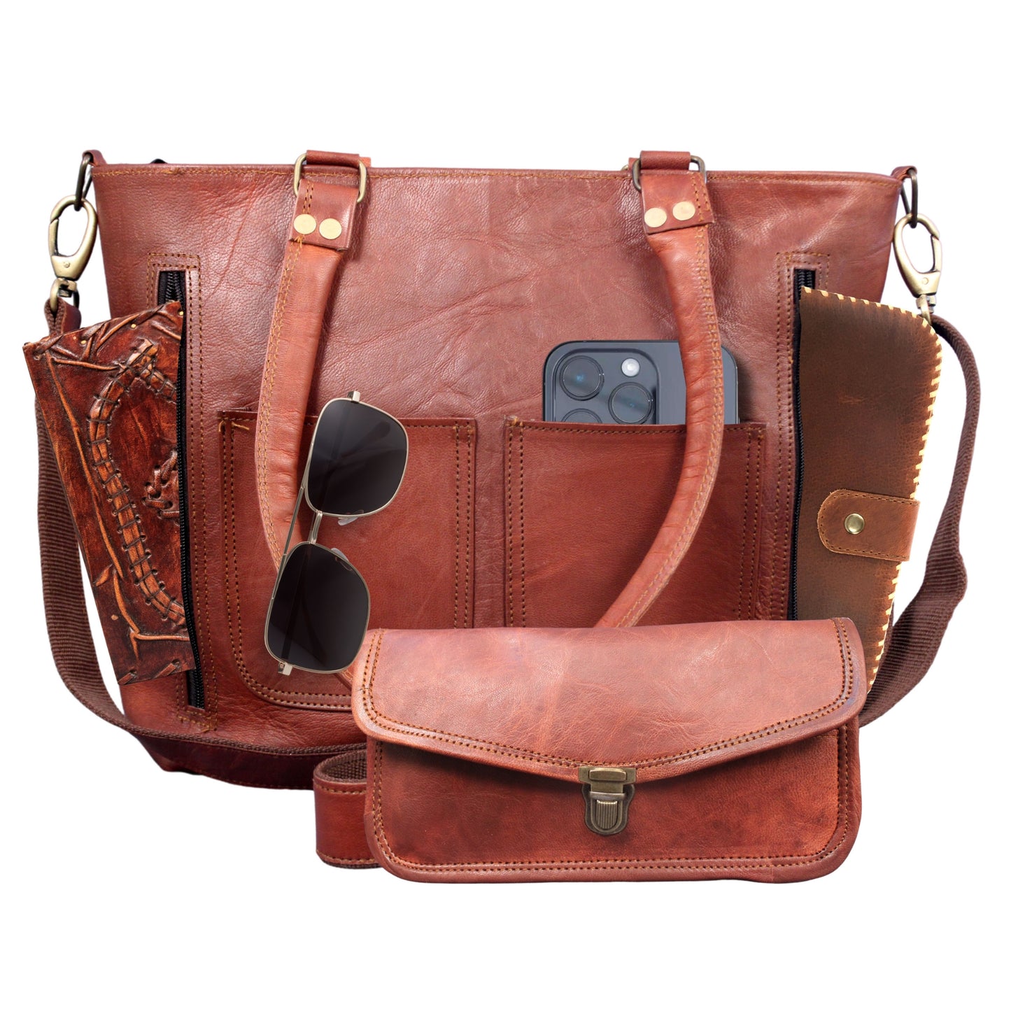 Womens Genuine Leather Rustic Tote Crossbody Satchel Dark Brown Tote Bag