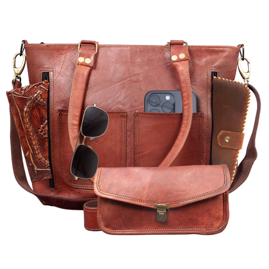 Womens Genuine Leather Rustic Tote Crossbody Satchel Dark Brown Tote Bag
