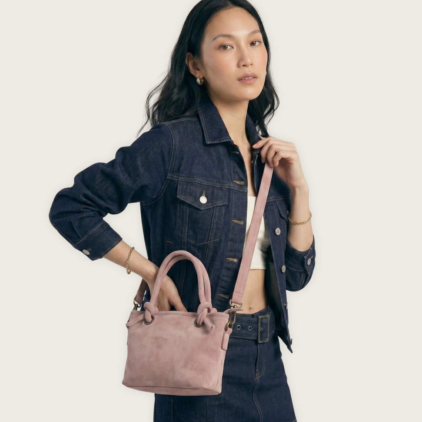 Blush pink Suede Leather Crossbody Handbag Women's Mini Tote Purse
