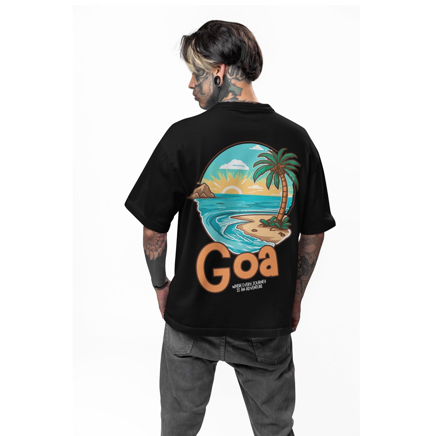 Oversized Drop Shoulder Graphic Printed Half Sleeve T-Shirt for Men | Round Neck t-Shirt 100% Cotton (240gsm) | Goa Beach Print Tshirt for Men Black